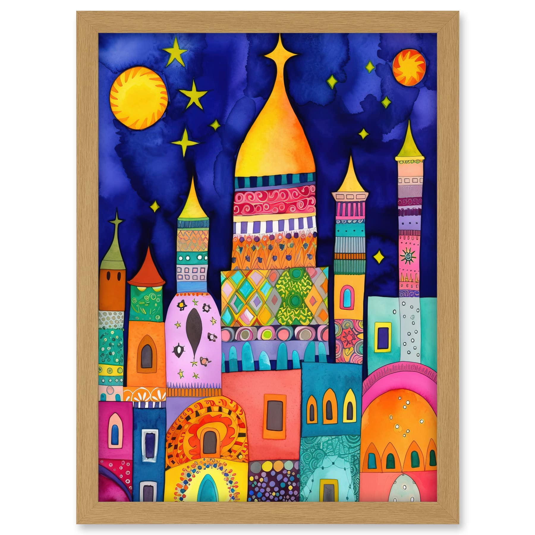 Artery8 Islamic Cityscape Moonlight Mosque Folk Art Artwork Framed A3 Wall Art Print