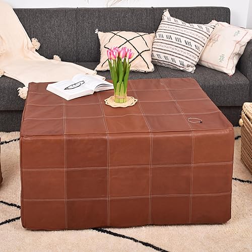 Miniatura 153 de Marrakesh Gallery Funda otomana de cuero - Puf cuadrado marroquí, sala de estar, dormitorio otomano Marrón,Beige Bronceado,Azul,Marrón (Dark