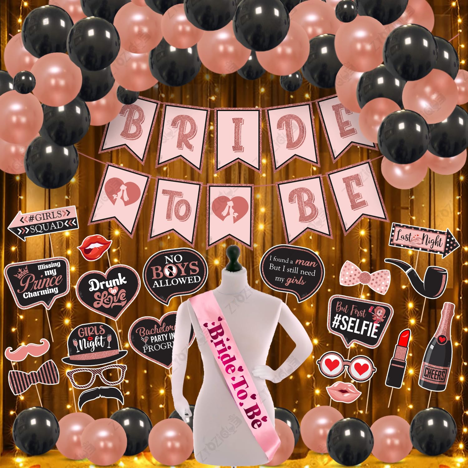 Zyozique ® Bachelorette Party Decorations Kit | Bridal Shower Party Supplies - Bride To Be Paper Banner, Photo Booth Props, Balloons with Sash & Rice Light (Pack Of 48)