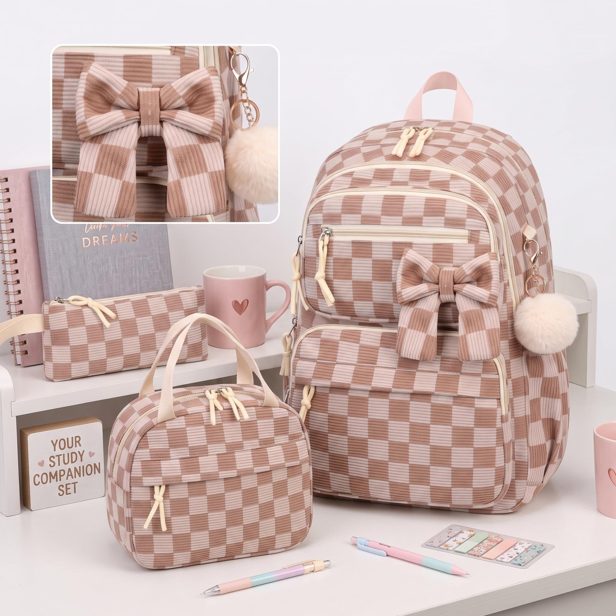 Mochila a Cuadros para niñas de 3 Piezas, Mochila espaciosa de Pana con Fiambrera