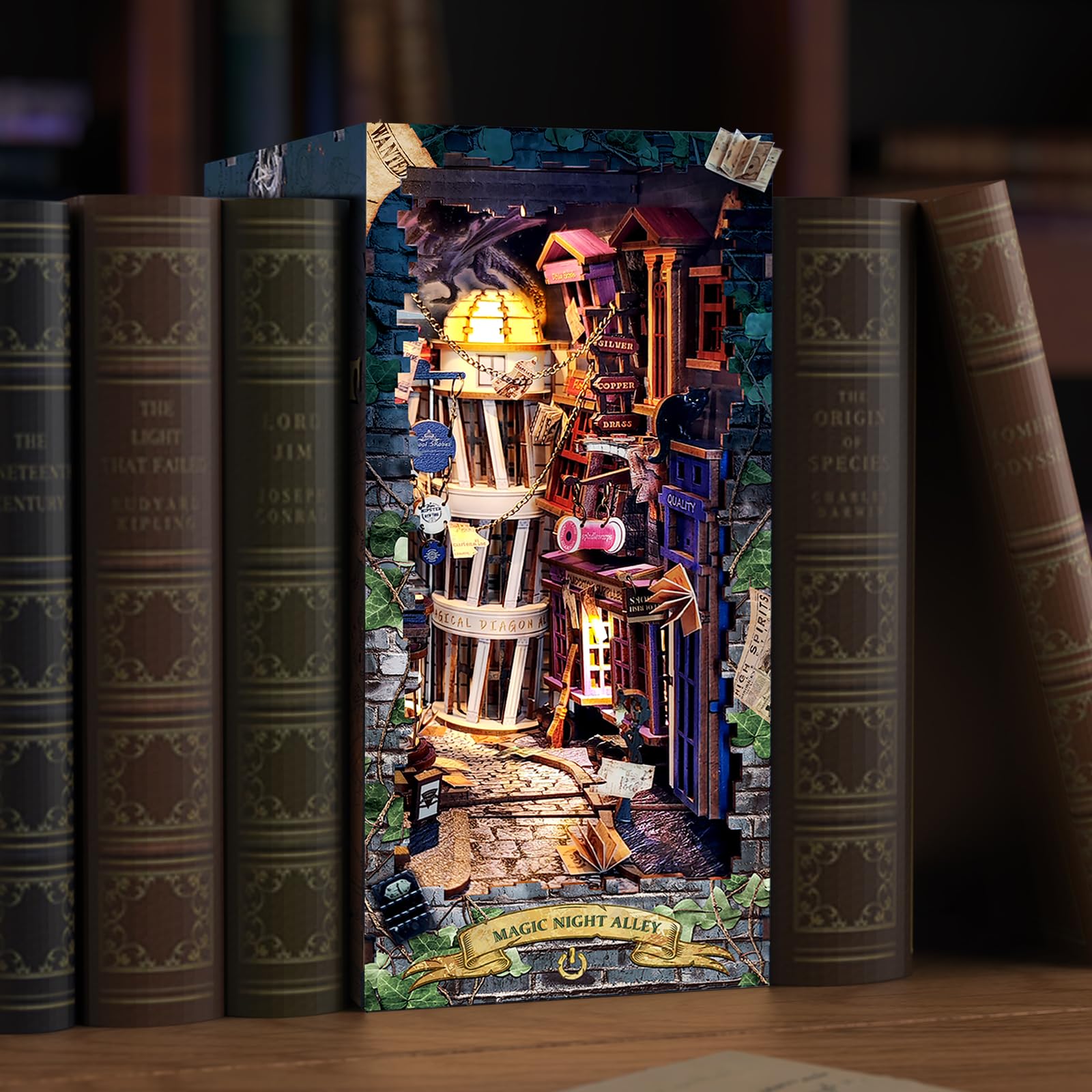 RONSTONE Book Nook - Vicolo Magico Notturno Casa Delle Bambole con Copertura Antipolvere e Luce LED - Puzzle 3D Fermalibri in Legno Inserto per Libreria Regalo Creativo