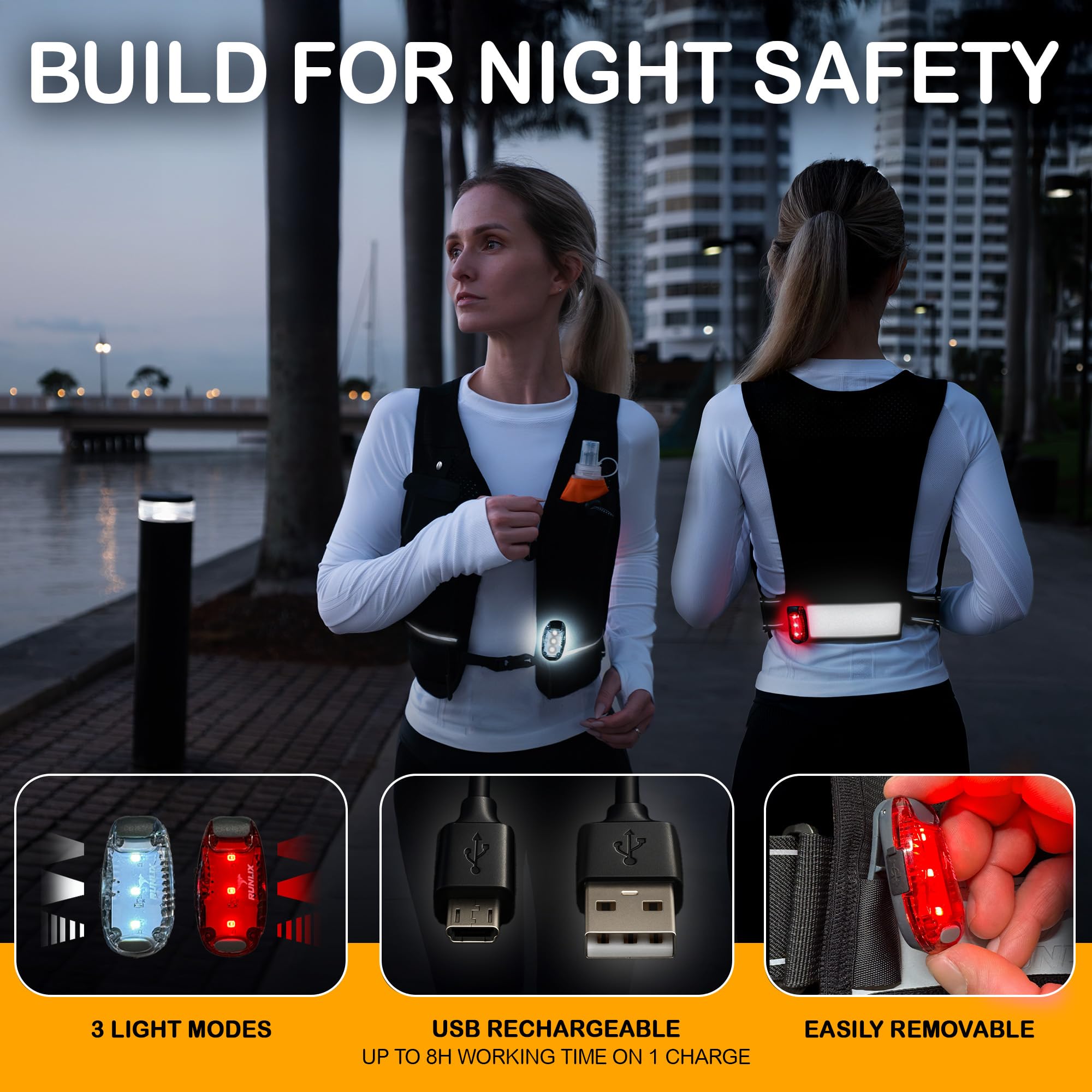 RUNLIX Running Vest for Women Men - Reflective Running Hydration Vest with 500ml Soft Water Bottle, Phone Holder, 2 LED Lights USB Rechargeable - 7 Pockets Runners Backpack Trail Jogging Marathon