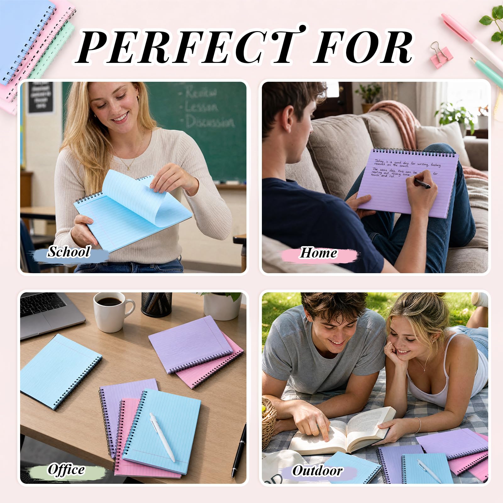 MotiMind Confezione da 6 quaderni a spirale da 21,1 x 14,7 cm, piccoli blocchi per appunti a righe perforati, 40 fogli ciascuno, piccolo blocco note Steno con copertina nera per casa e ufficio (colori