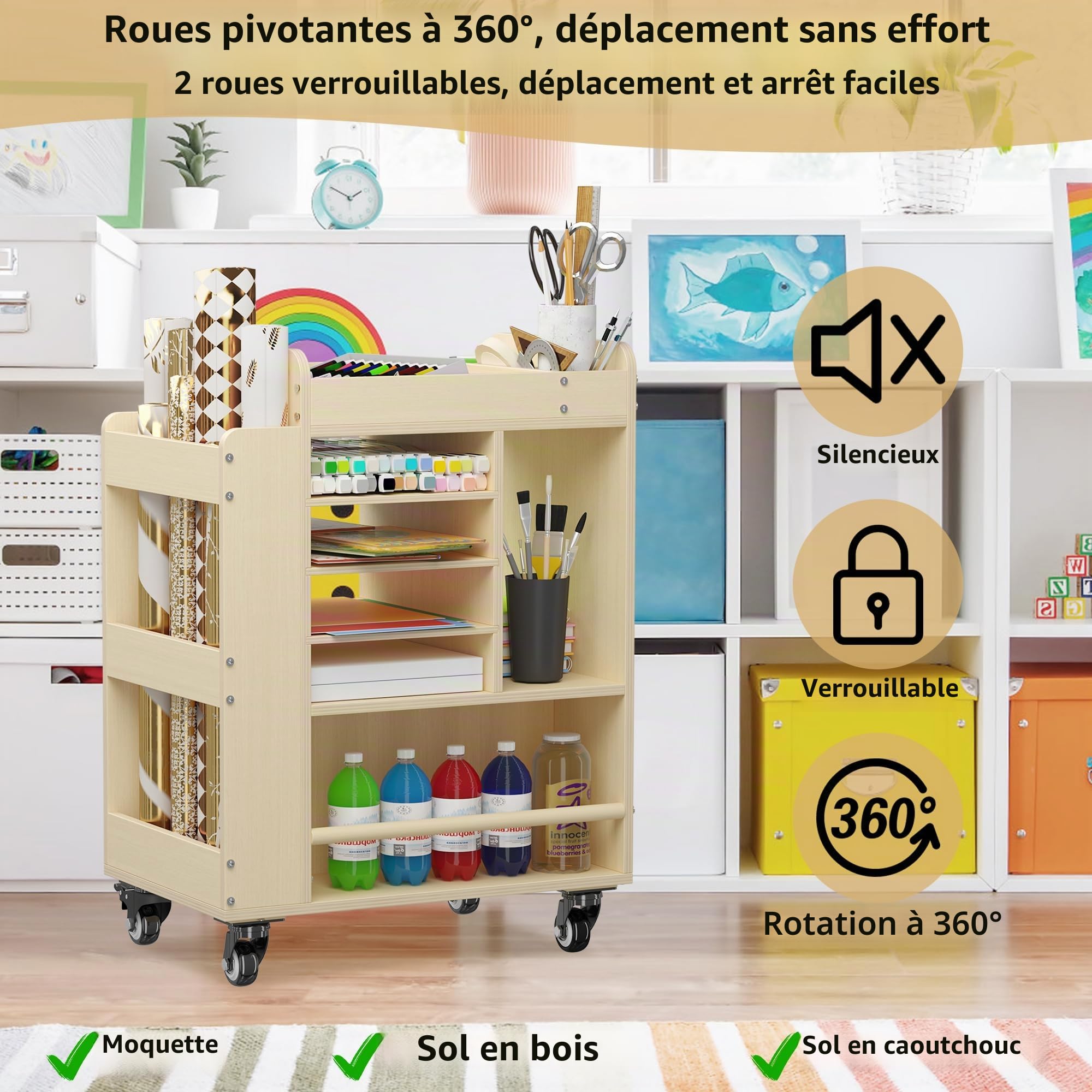 uyoyous Art Cart Rolling Wood, Organisateur de Fournitures pour l'art et l'artisanat, Armoire de Rangement multifonctionnelle pour l'artisanat