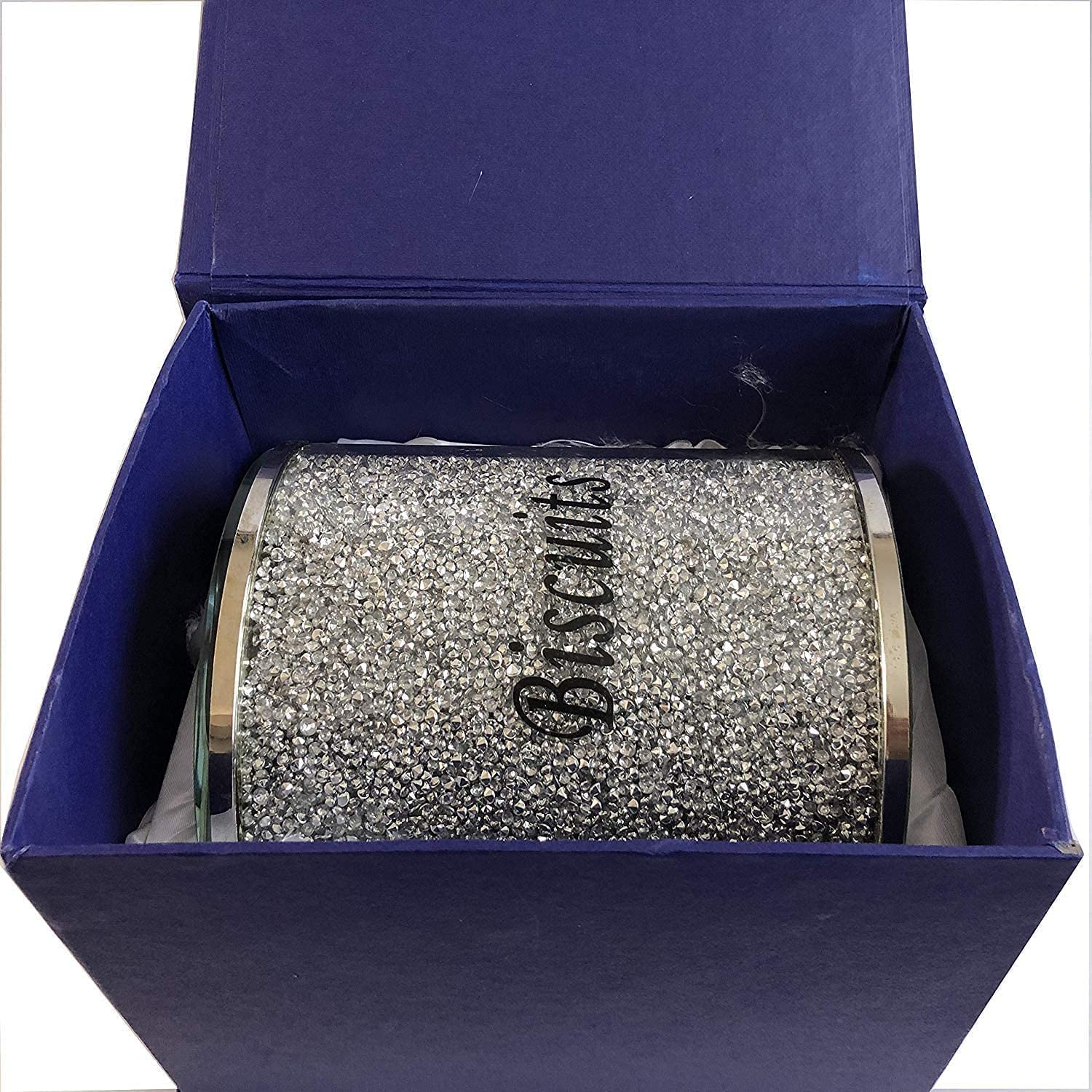 Biznest Crushed Diamond Silver Biscuit Cookies Canister Jar Tin Kitchen Storage Containers Silver Trimmings Crystal Filled Gift