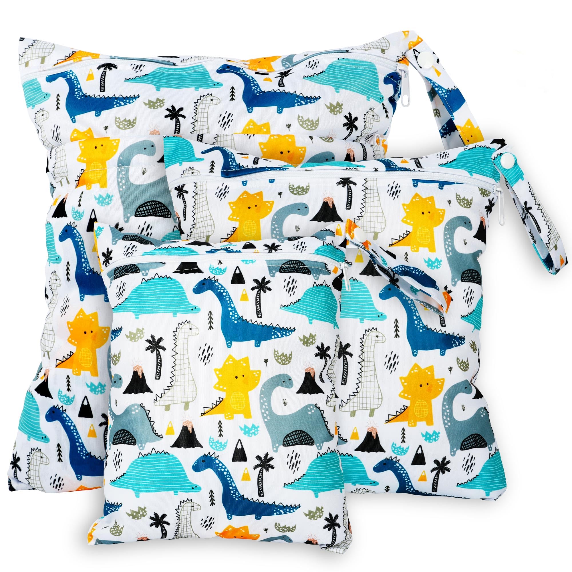 Rinfency 3 Stück Wetbag Groß Kindergarten für Baby Personalisiert Nappy Bag, Lässig Nasstasche Wechselwäsche Schwimmsachen wasserdichte Windeltasche, Klein Bikini Wet Bag Schwimmen Set (Dino)