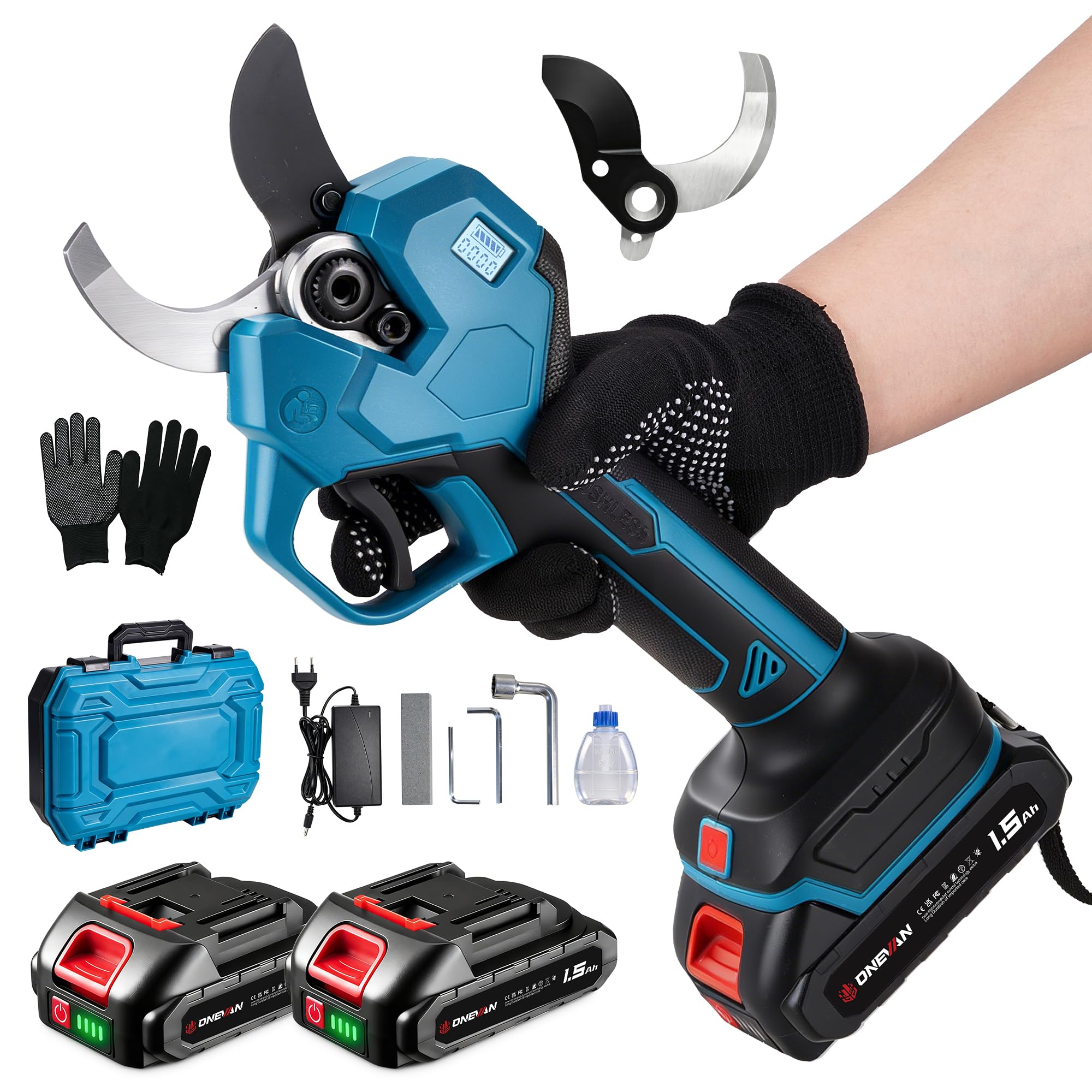 ONEVAN Sécateur Électrique sans Fil 40mm, Cisaille de Jardin, Brushless Taille haie avec 2×1,5Ah Batteries, Lames SK5 & Écran LCD, Outil de Jardinage pour Coupe de Branches, Élagage des Arbres