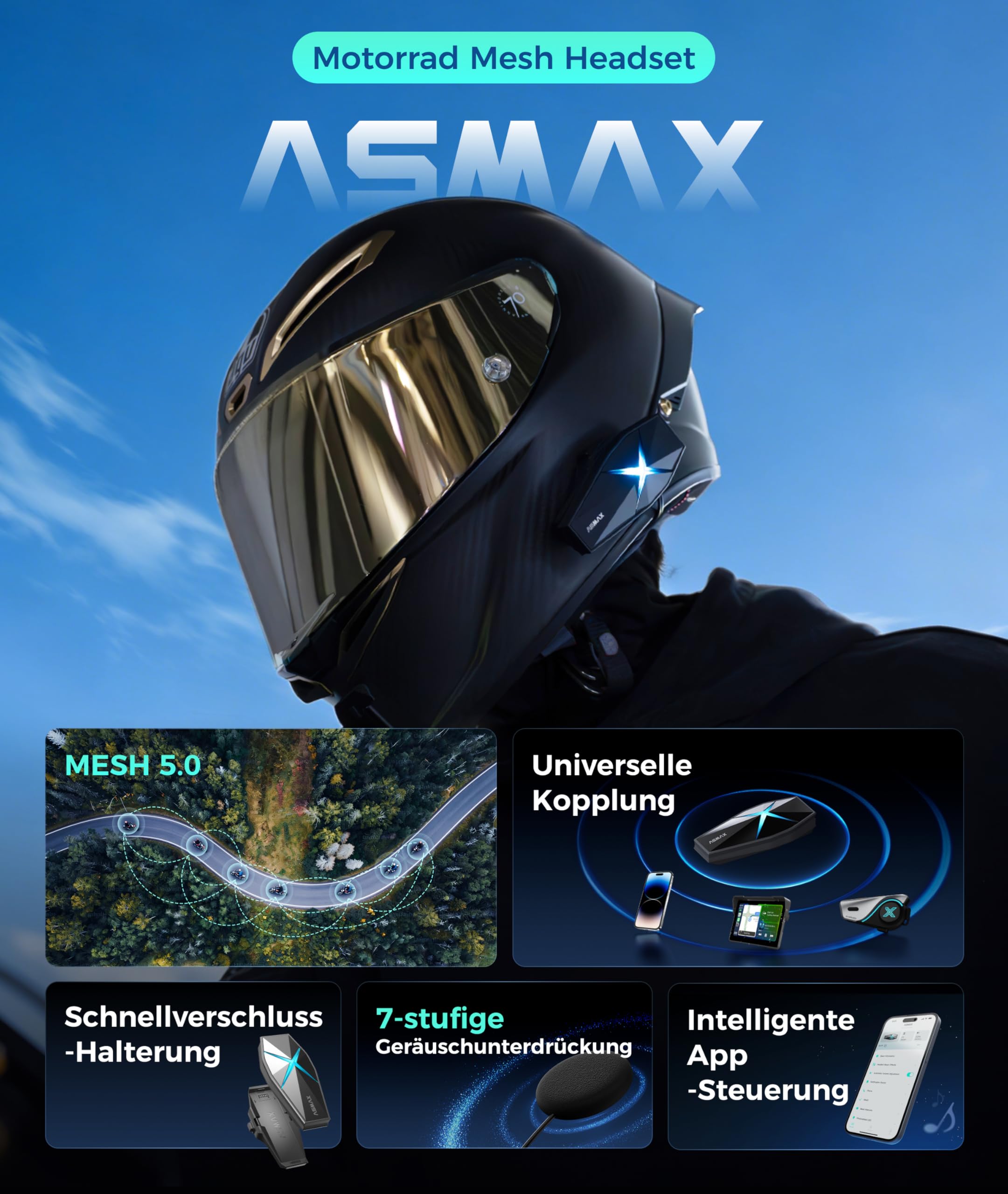 ASMAX F1s Motorrad Bluetooth Headset für 10 Fahrer, Mesh Motorrad Kommunikationssystem, Deutsche Sprachsteuerung, 50 Min. Schnellladung, ENC-Geräuschunterdrückung, Universal Pairing, Einzelpack