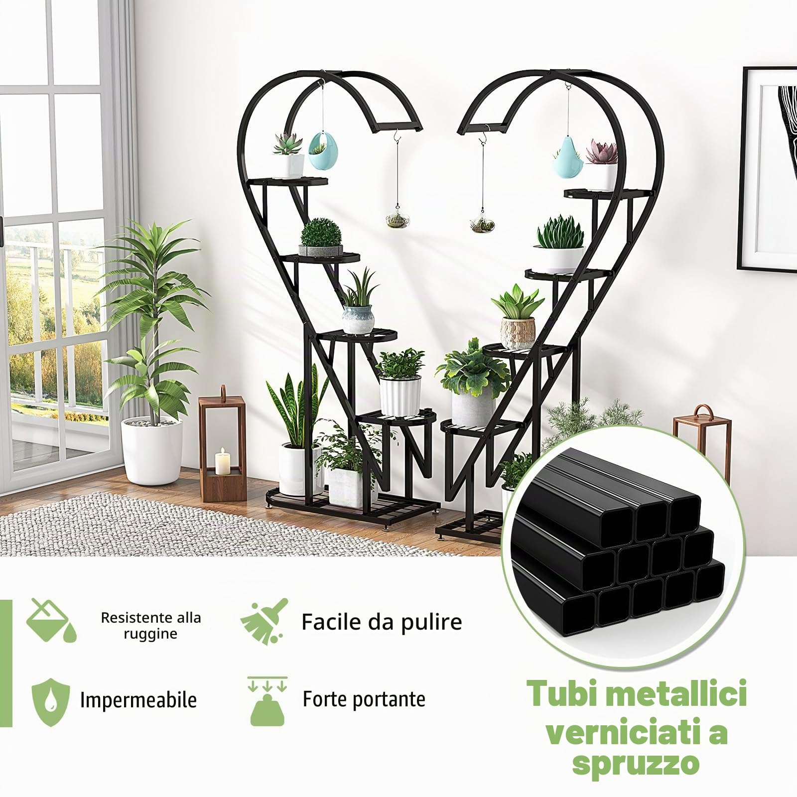 HOMASIS Scaffale Portapiante a Forma di Cuore con 5 Livelli, Portavasi in Ferro, Scaffale Multilivello con Ganci per Interni & Esterni, Adatto per Matrimoni, San Valentino (Nero)