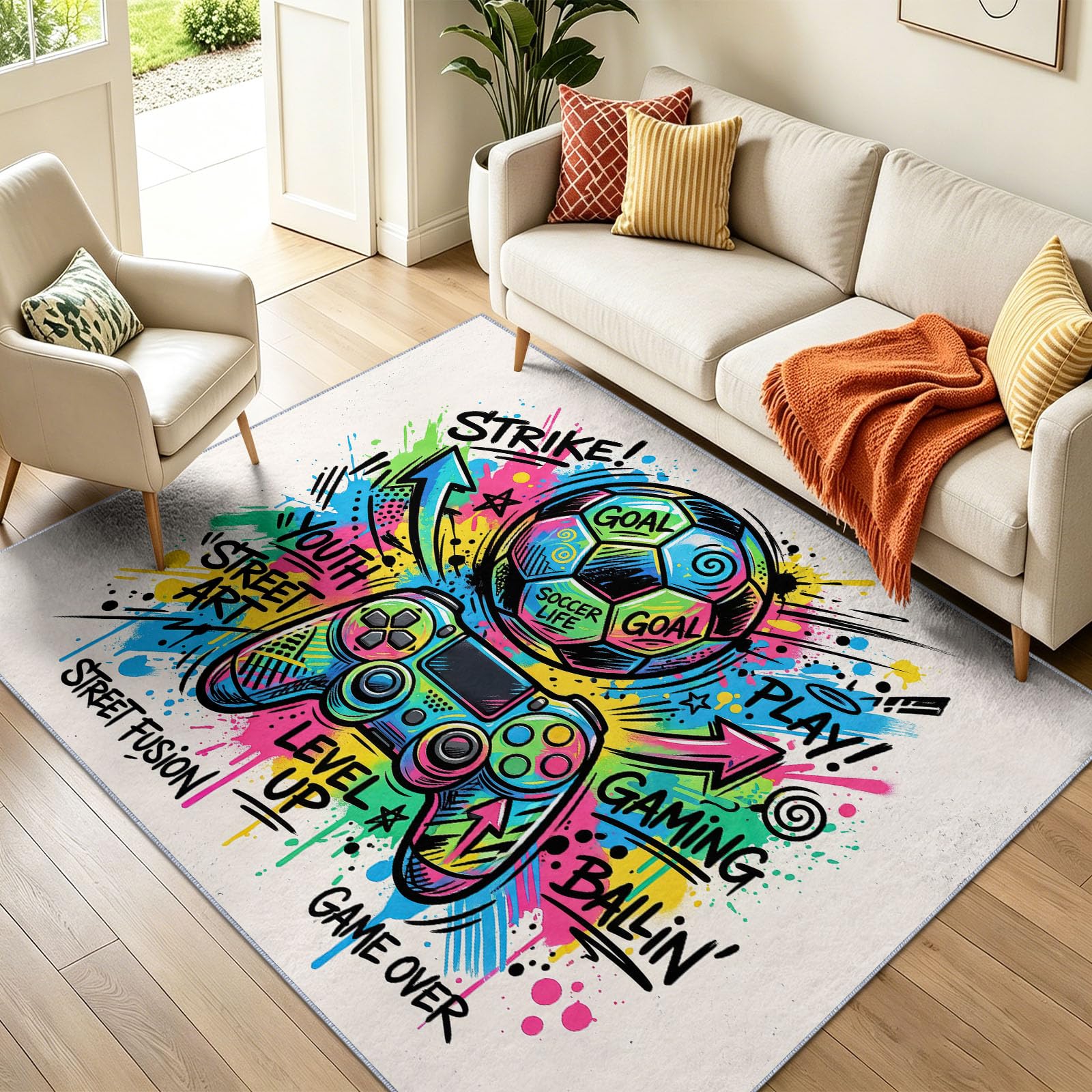 Tapis en Flanelle Graffiti Urbain Antidérapant Tapis Chambre, Tapis Vintage Sport Football Manette Jeu Doux Poil Court 60 x 110 cm pour Salon Cuisine Entrée - Beige Antidérapant Paillasson