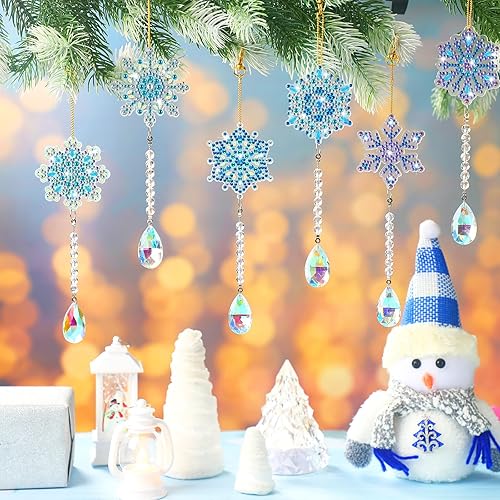 Miniatura 6 de Chitidr 8 piezas de adornos de pintura de diamantes de invierno 5D DIY copos de nieve arte de diamantes campanas de viento copo de nieve colgantes