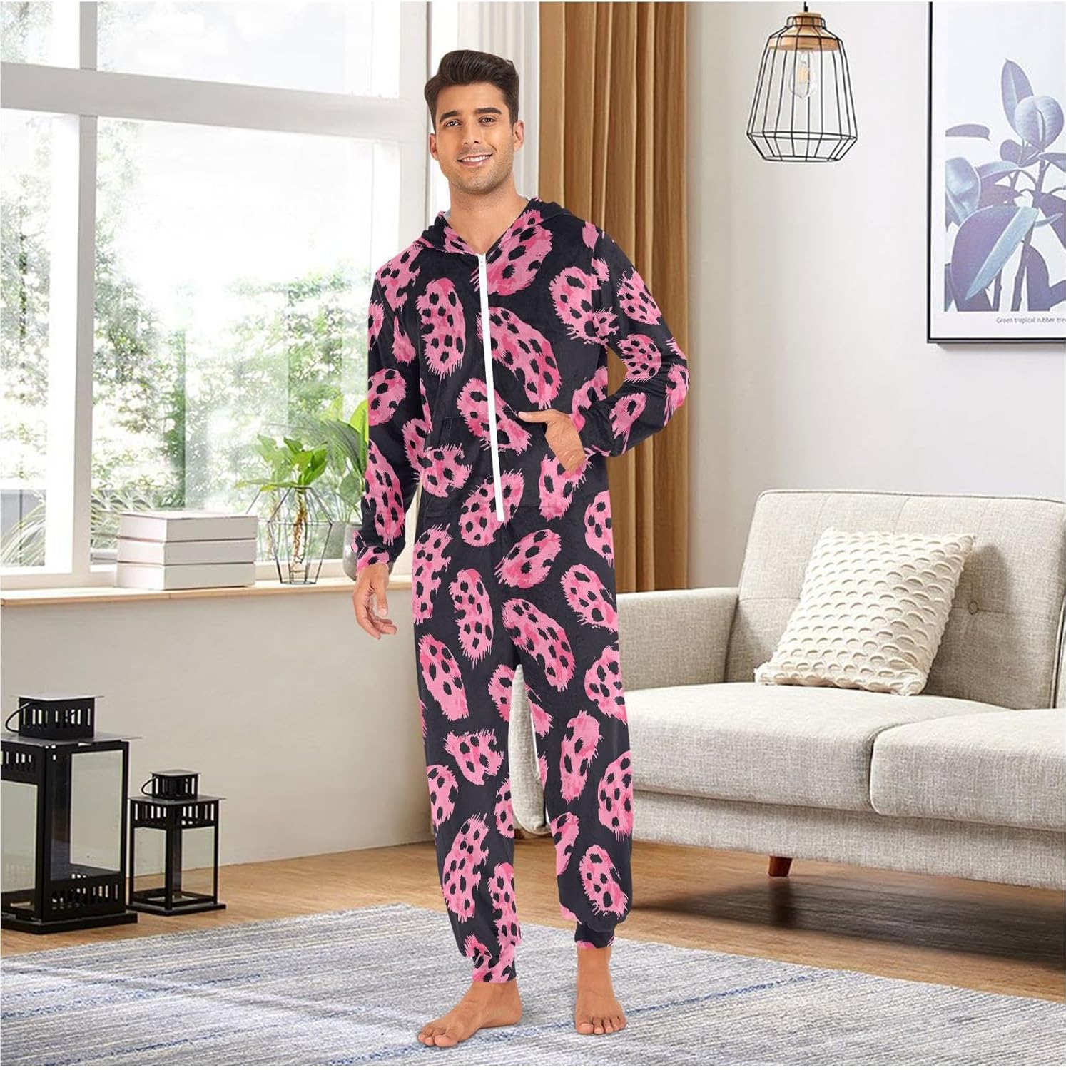 ZZKKO Pink Blocks Black Spotted Adult Onesie Pajamas for Women Men Cozy One Piece Pajamas Costume Zip-Up Hooded S-XL