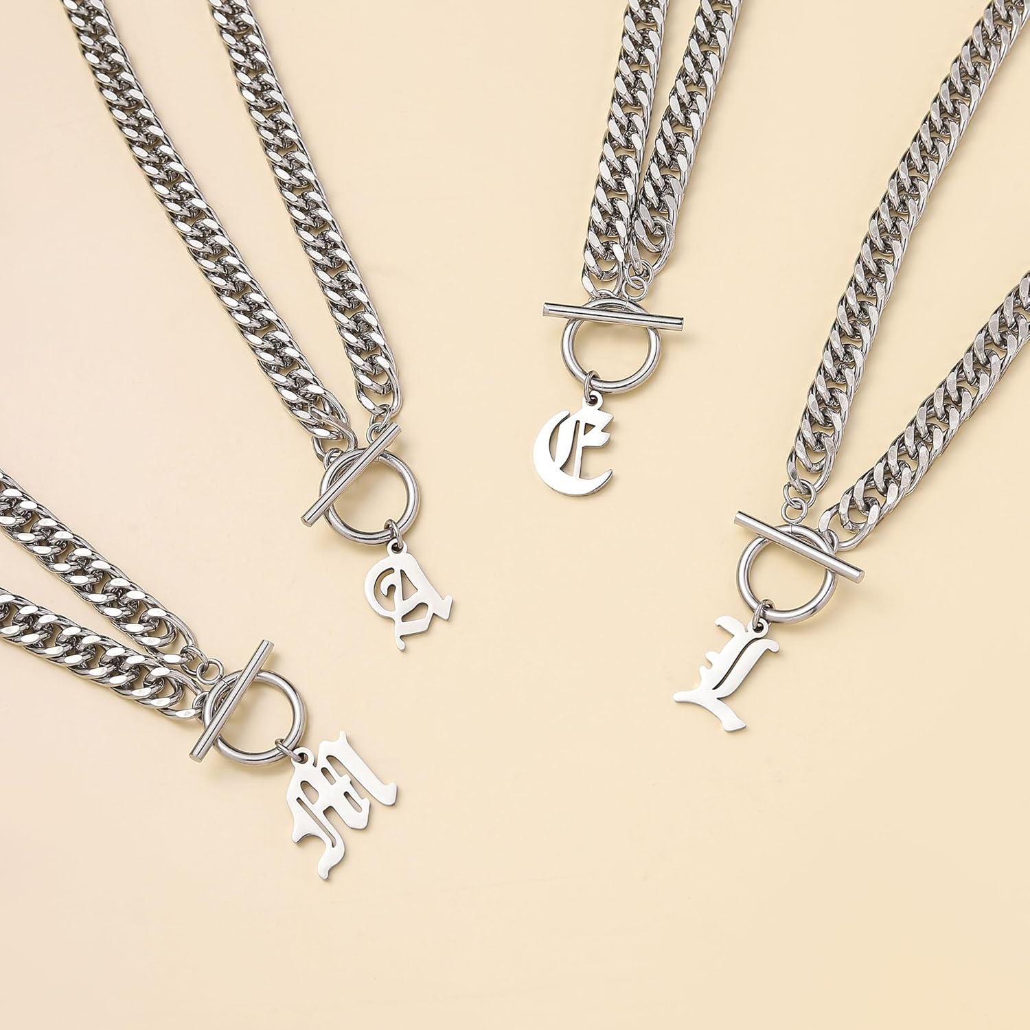 Chunky Old English Initial Choker Necklaces for Women Retro Letter Charm Curb Chain Statement Necklace for Men Unisex 15” - Image 6