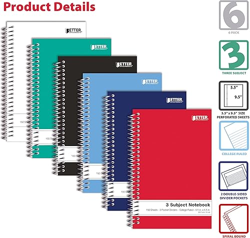 Vista 3 de Better Office Products Cuadernos en espiral de 3 materias, 9.5 x 5.5 pulgadas, paquete de 6, cuadernos de 150 hojas con 2 divisores de bolsillo