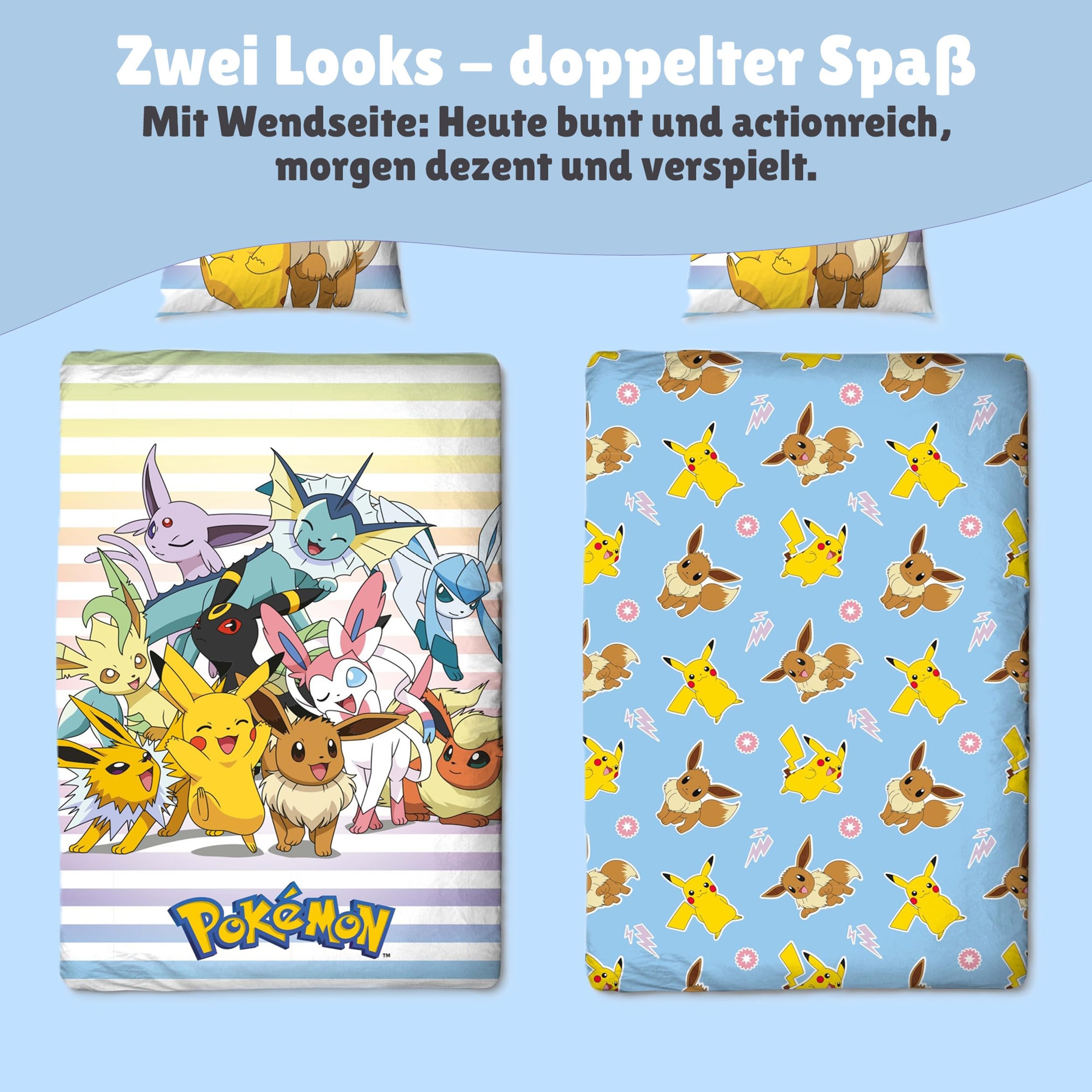 Familando – Pokémon Bettwäsche Set (2-teilig) – Decken- & Kissenbezug 135x200 cm & 80x80 cm mit Reißverschluss – Wendemotiv mit Pikachu & Evoli – 100% Baumwolle – Farbecht & pflegeleicht - Öko-Tex