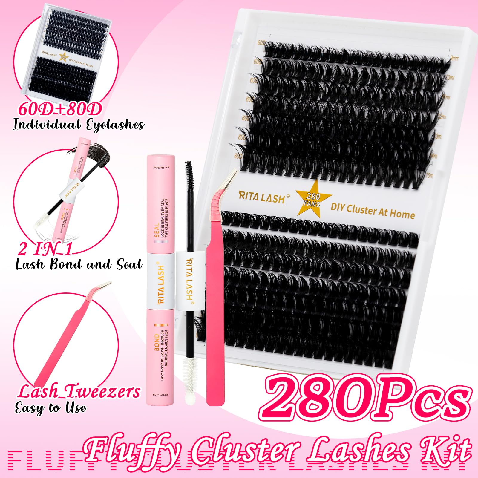 RITALASH DIY Eyelash Extensions Kit, 280 Lash Clusters 60D+80D-0.07-D-9-15Mix, Lash Bond and Seal, Lash Applicator (60D+80D KIT) - Image 3