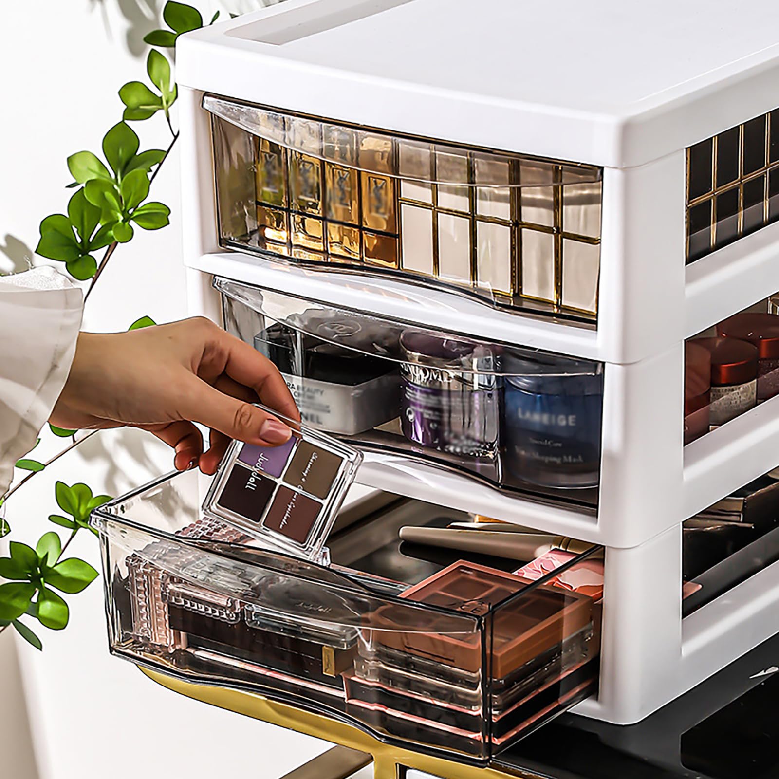 Cassettiera Salvaspazio 8 Cassetti Trasparenti, Carrello Organizer in PP con 4 Ruote, Mobile Portaoggetti per Bagno e Camera, Struttura Robusta, Multiuso e Capiente, Khaki