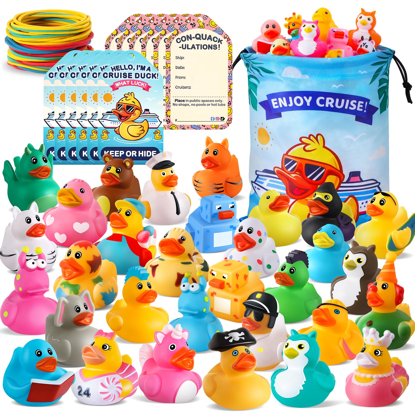 100 Pcs Cruise Rubber Ducks Kits Include 30 Cruise Ducks with 30 Cruising Duck Tags 40 Rubber Bands and 1 Duck Bag, Bulk Ducks for Cruise Ships Hiding
