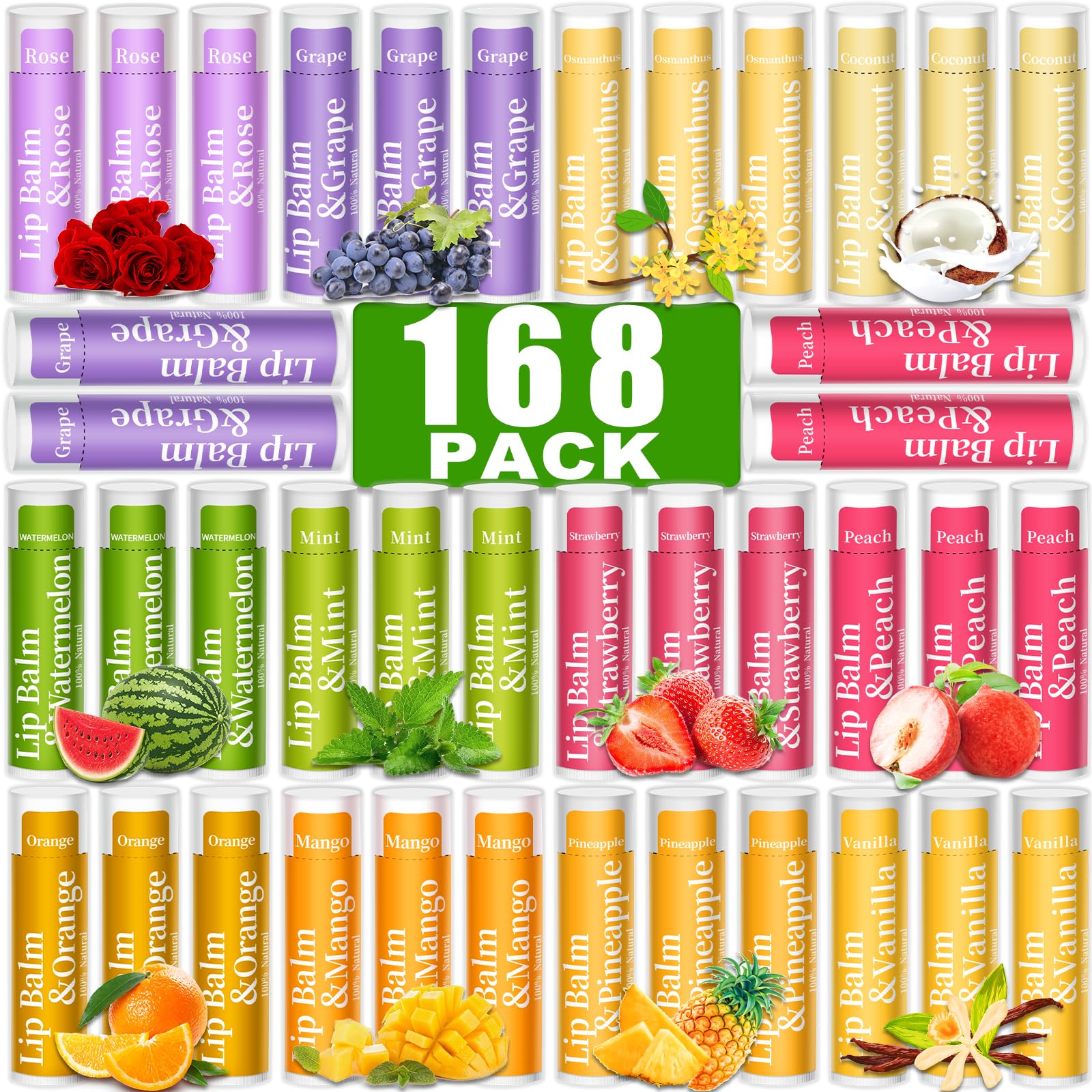 168 Pcs Lip Balm Bulk, 12 Flavored Lip Balm Pack for Women, All Organic Natural Bulk Lip Balms for Dry Cracked Lips, Moisturizing Lip Balms Gift Set(4.2g/0.15oz)