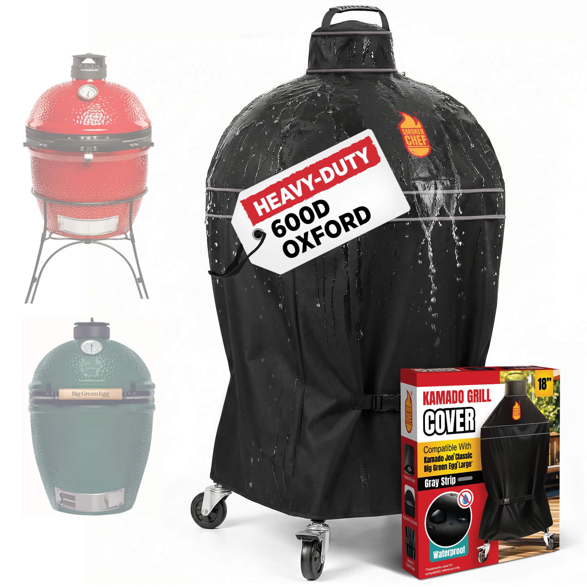 Grill Cover for Kamado Joe & Big Green Egg 18 in Gray Strip – Heavy-Duty Waterproof Smoker Covers for Classic Series – Durable Kamado Joe Accessories for Classic Series & BGE Large by Smoker Chef