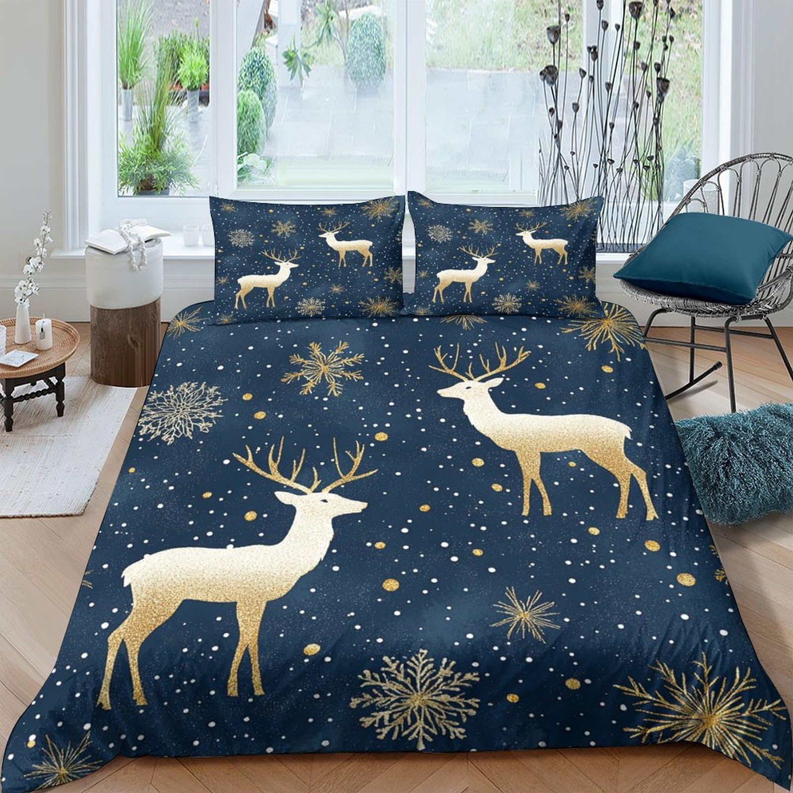 Ctjqhvkz Style-3 3D Printed Golden Reindeer Night Fitted Sheet Microfiber Soft Winter Forest Bed Cover For Bedroom Guest Room Decoration Single（135X200cm）