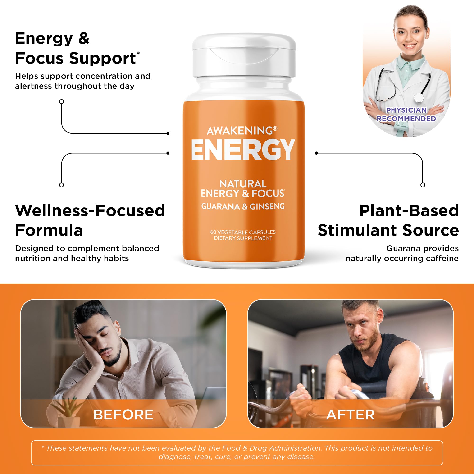 Awakening Natural Energy & Focus Supplement with Panax Ginseng, Guarana Extract & Chromium Picolinate | Brain Supplement for Focus, Energy, Mood & Clarity | Gluten Free Veggie, USA - 60 Caps — Amazon image 2