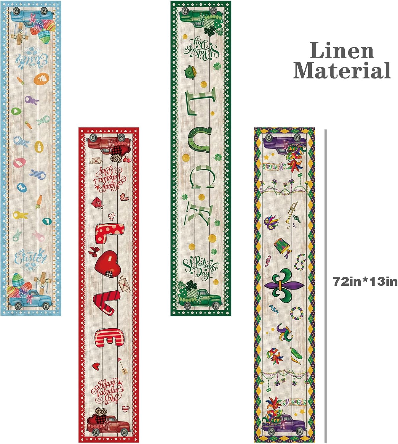 4 Pcs Happy Valentines Day Truck Table Runner 72 Inches Long, St Patricks Day Mardi Gras Truck Table Runner, Easter Eggs Car Table Decor for Kitchen Farmhouse Home Party