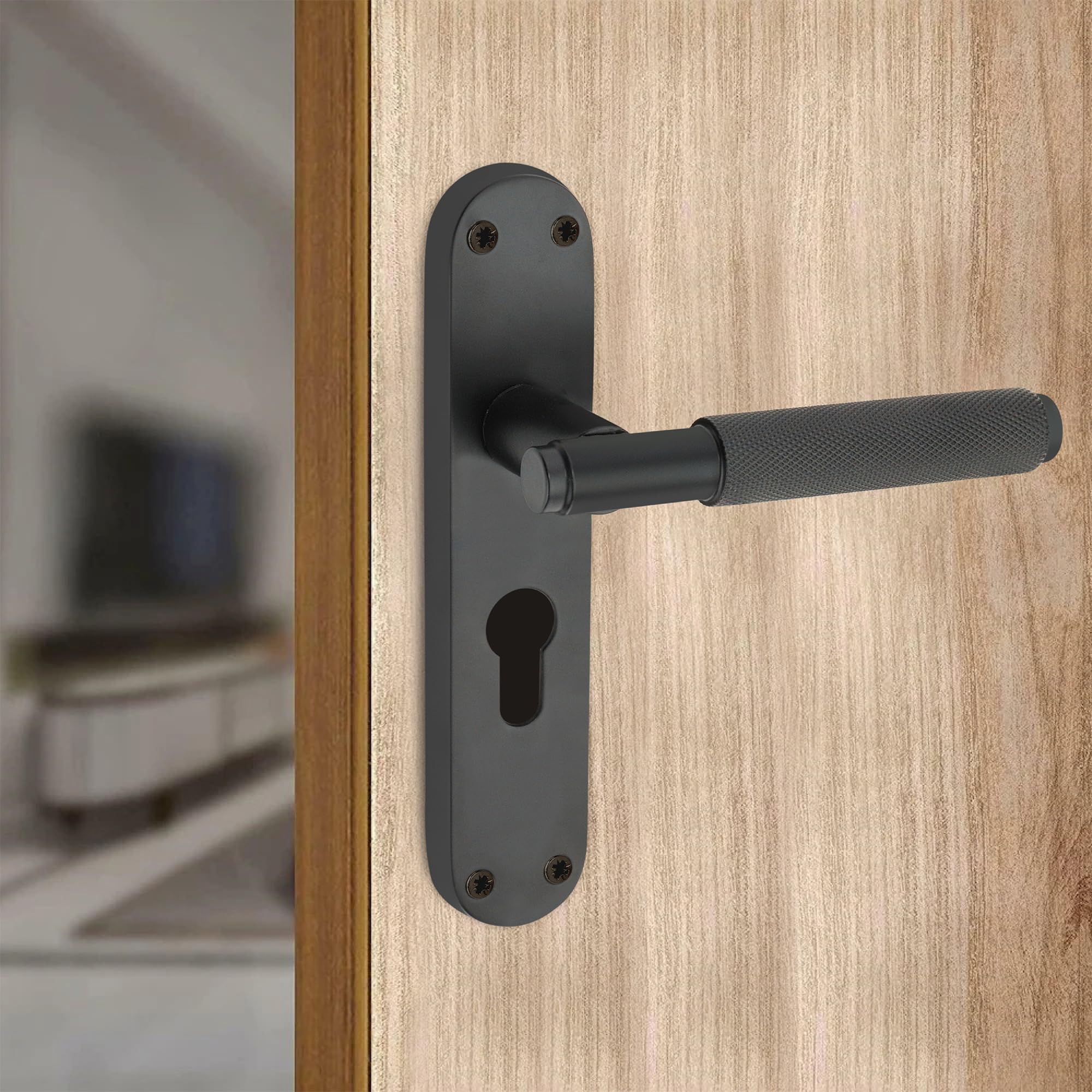 Infinity Decor Para nowoczesnych radełkowanych klamek na tylnej płycie Euro Lock Zestaw klamek do drzwi wewnętrznych i zewnętrznych (matowa czerń)