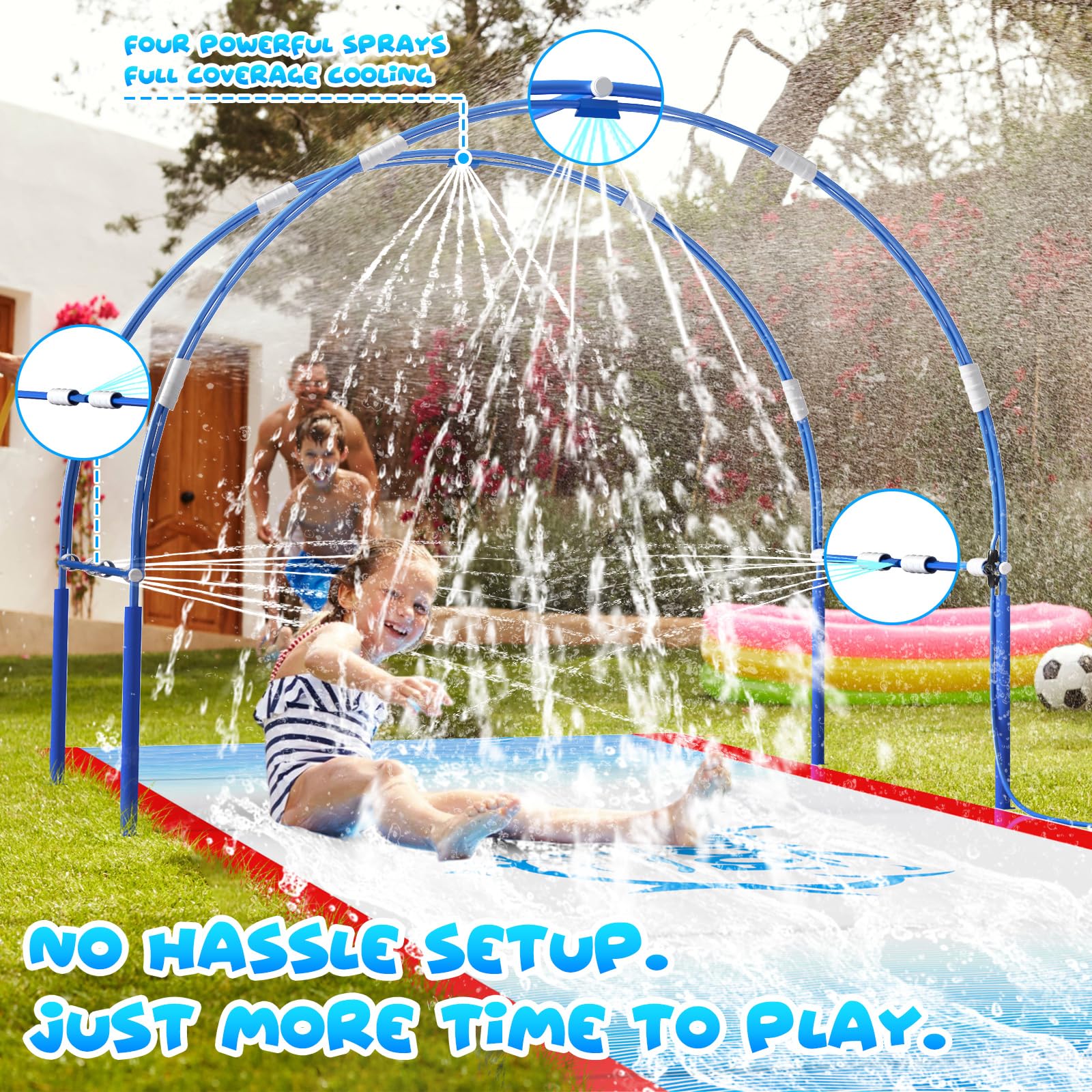 Toboggan à eau de pelouse de 7,9 m avec double cadre en métal et système d'arrosage indépendant, toboggan aquatique pour enfants, comprend 2 bodyboards, 6 piquets, pompe à air, jouet