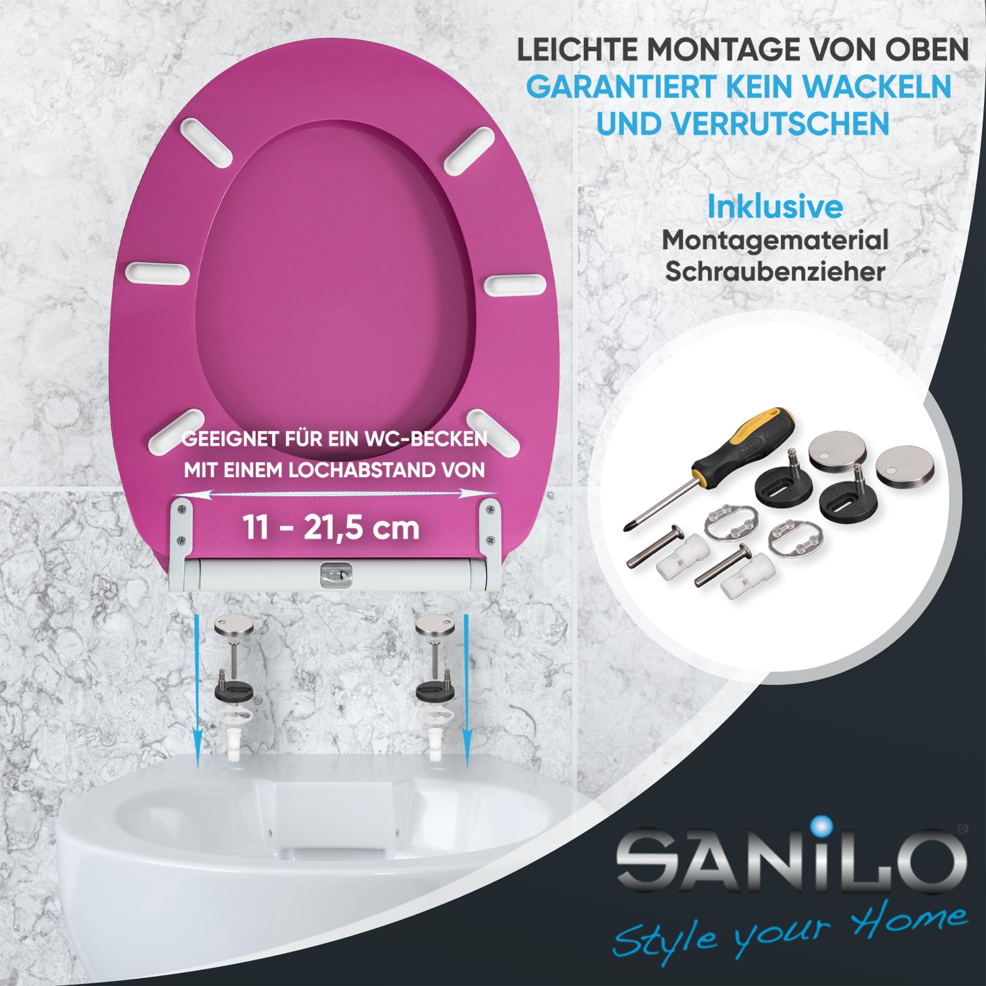 Sanilo WC Sitz mit Absenkautomatik & Schnellverschluss, Toilettendeckel per Knopfdruck abnehmbar, einfache Montage von oben (Glitzer Pink)