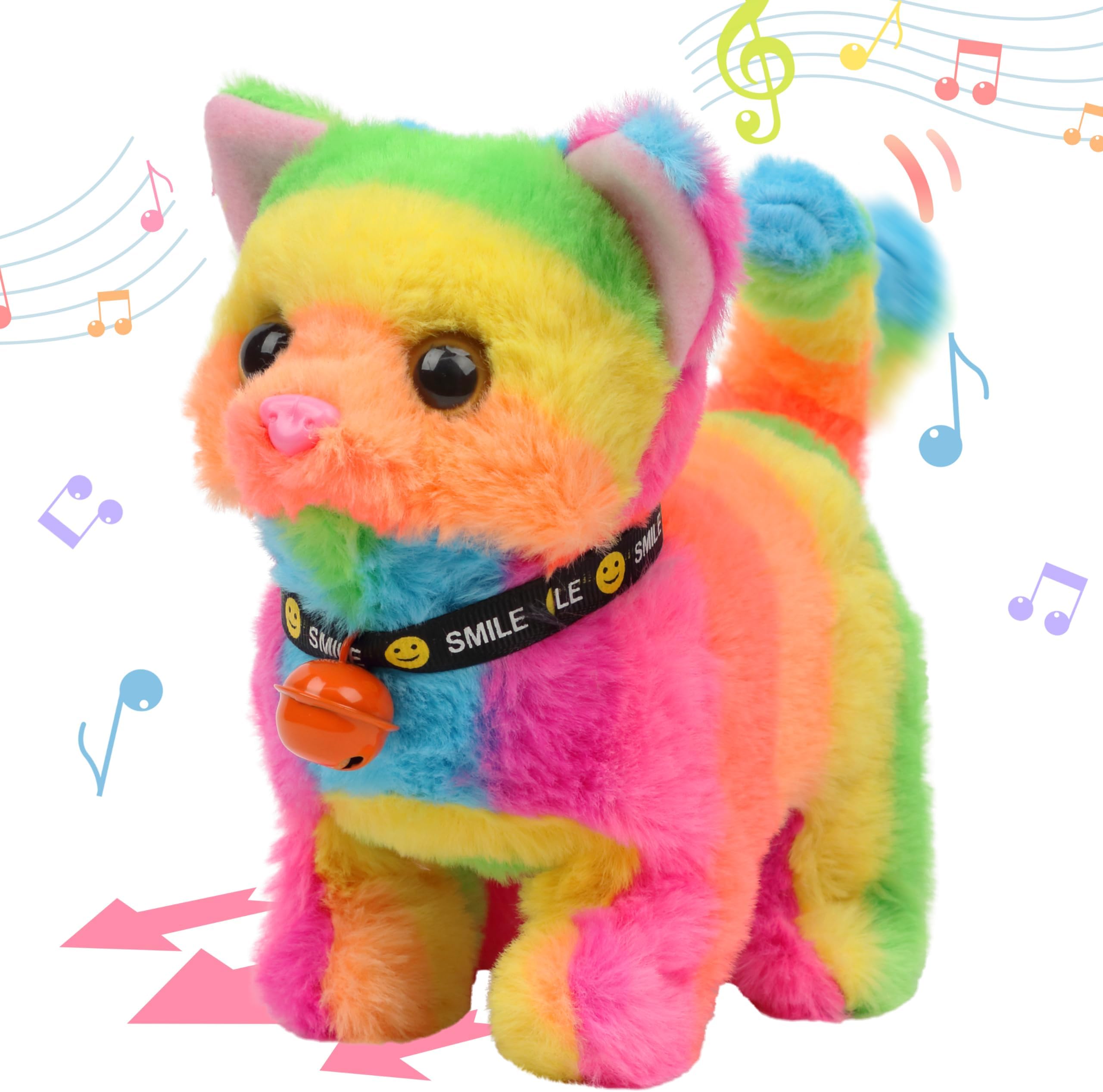 - Walking Cat Interactive Electronic Pet Plush Kitty Toy with Sounds and Movements Animated Meow Shake Head Wiggle Tail Gifts for Toddlers Birthday, Rainbow, 7''