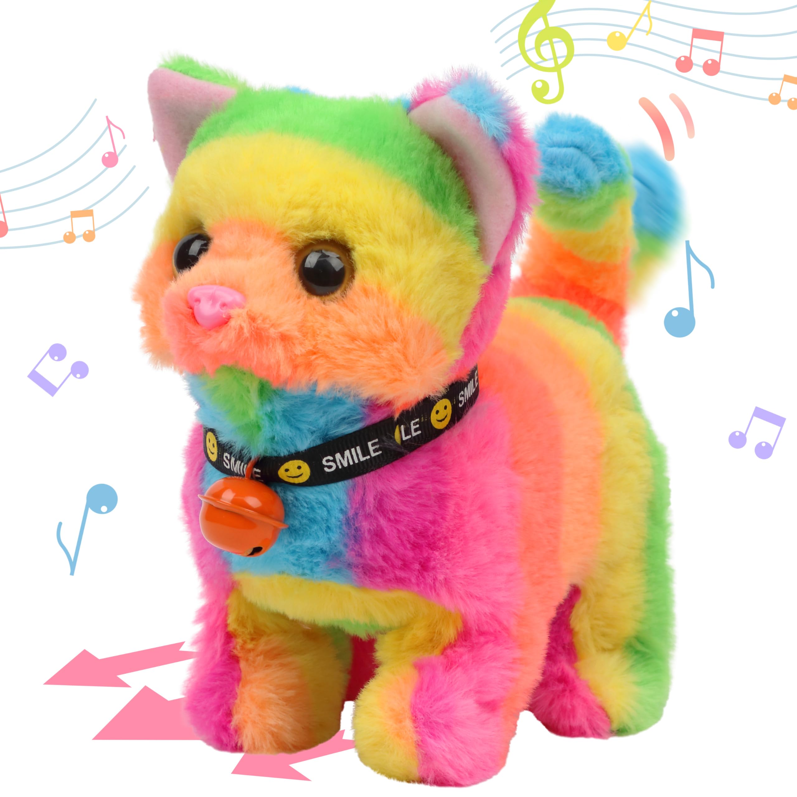 Hopearl Walking Cat Interactive Electronic Pet Plush Kitty Toy with Sounds and Movements Animated Meow Shake Head Wiggle Tail Gifts for Toddlers Birthday, Rainbow, 7''