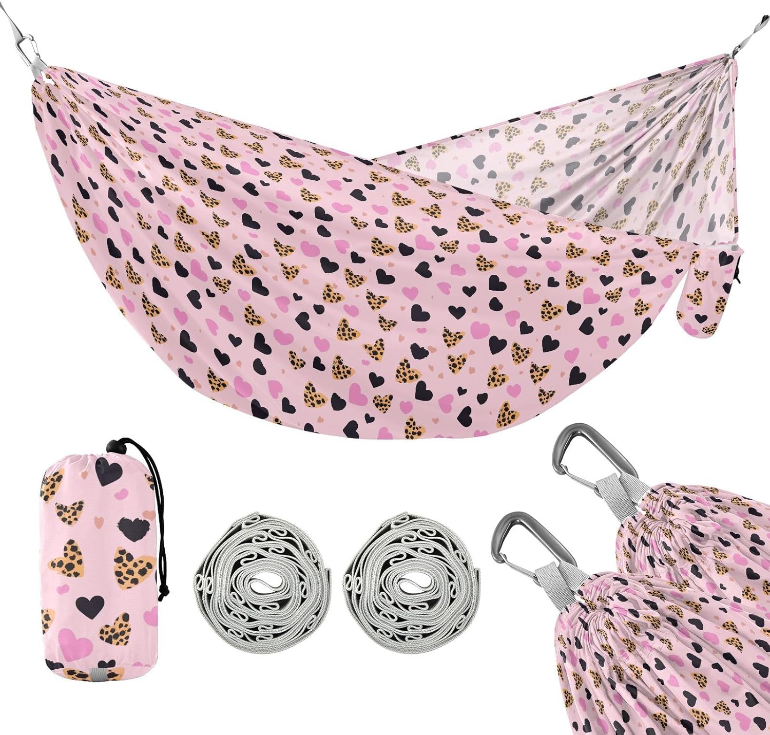 ALAZA Heart Cheetah Leopard Print Camping Hammocks Single or 2 Person 500 lbs Portable Parachute Travel Hammock w/Tree Straps for Hiking Backpacking Indoor Outdoor