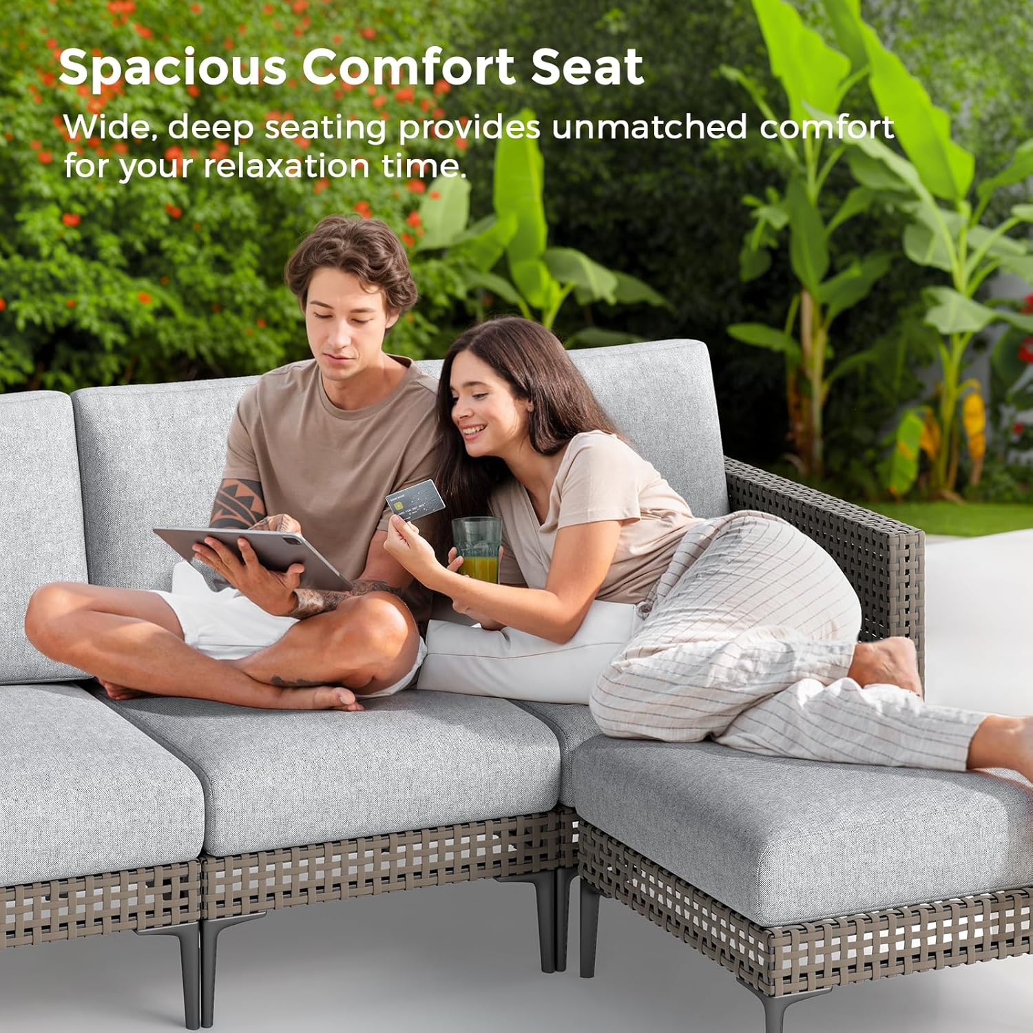 Jocoevol 5 Pieces Outdoor Patio Conversation Set – Rattan L-Shaped Corner Sofa Comfortable Thickening Cushions for Garden, Balcony,Weatherproof Waterproof UV Resistance