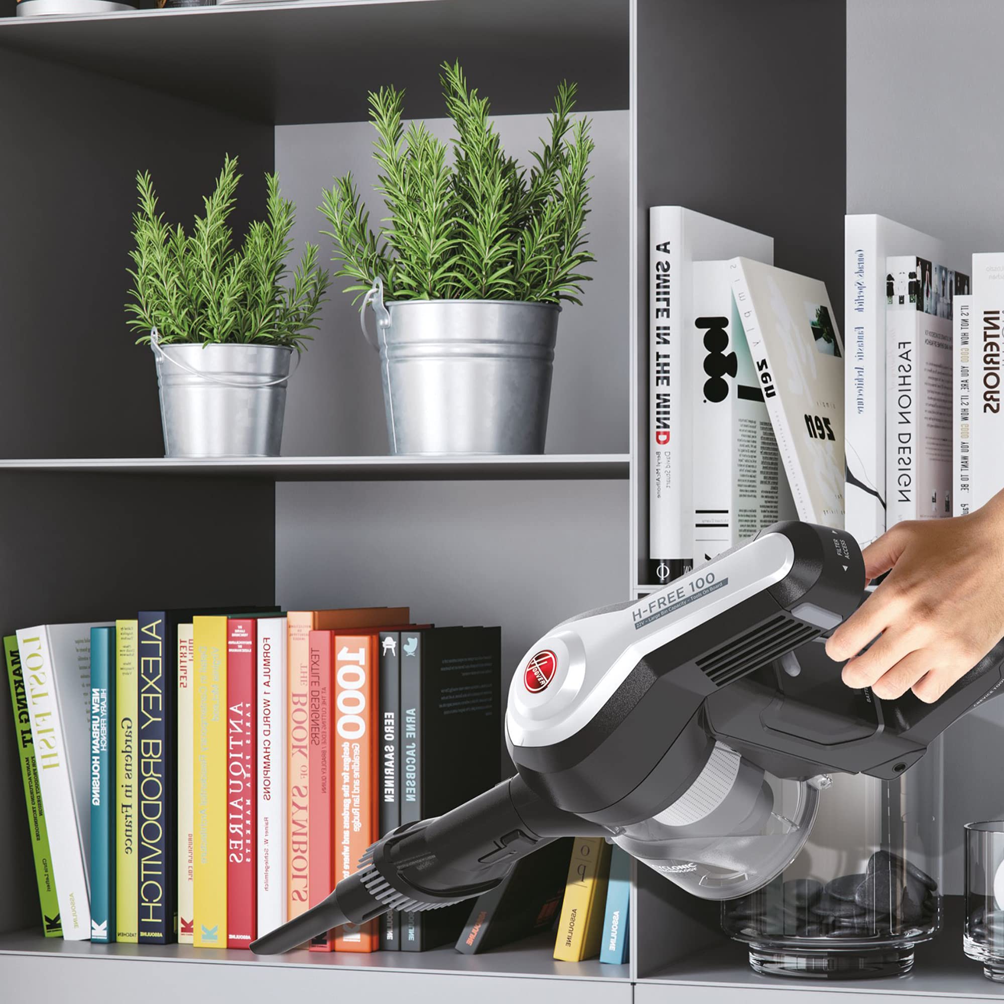 Hoover H-FREE 100 PETS odkurzacz akumulatorowy, 2 w 1, mini dysza turbo do sierści zwierząt, do 40 min. czasu pracy, zmotoryzowana dysza podłogowa LED, bezworkowa, bezprzewodowa, model: HF122BPT, szary/tytanowy