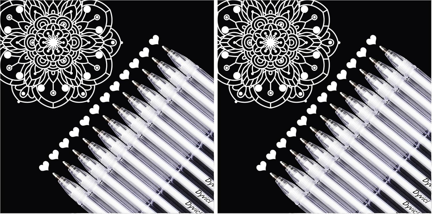 Dyvicl White Gel Pens, 0.8 mm Fine Point Pens Gel Ink Pens for Black Paper Drawing, Sketching, Illustration, Adult Coloring, Journaling, Set of 12 (Pack of 2)