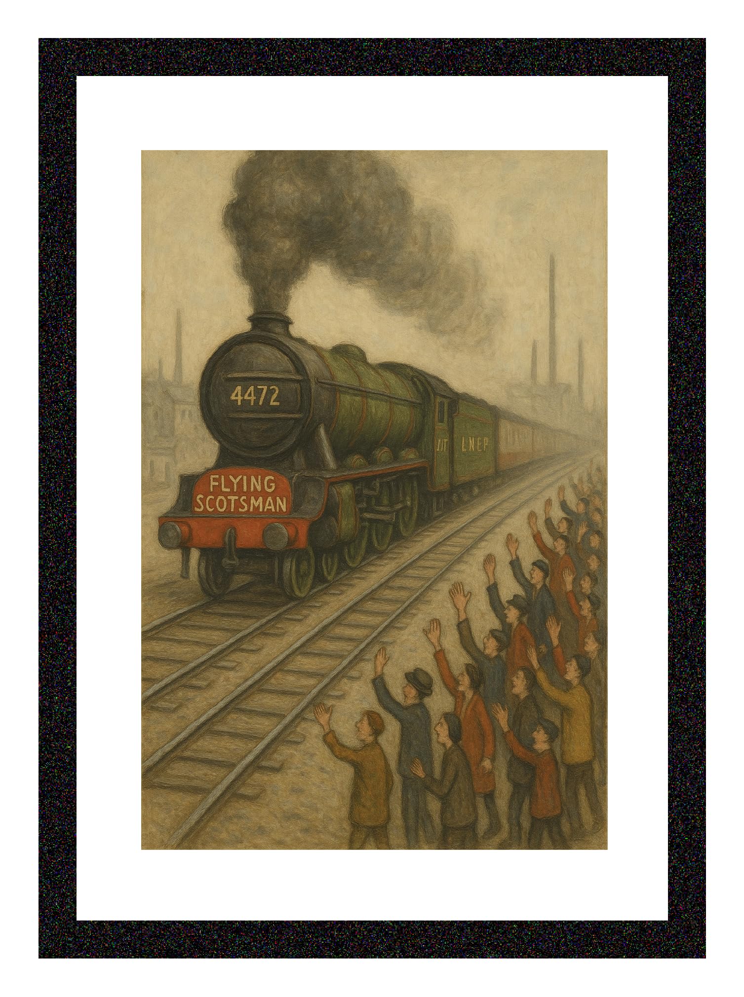 Greetingles Lowry-Style Framed Print. Beautiful Black Ash Frame. Various Designs (Lowry, The Flying Scotsman)