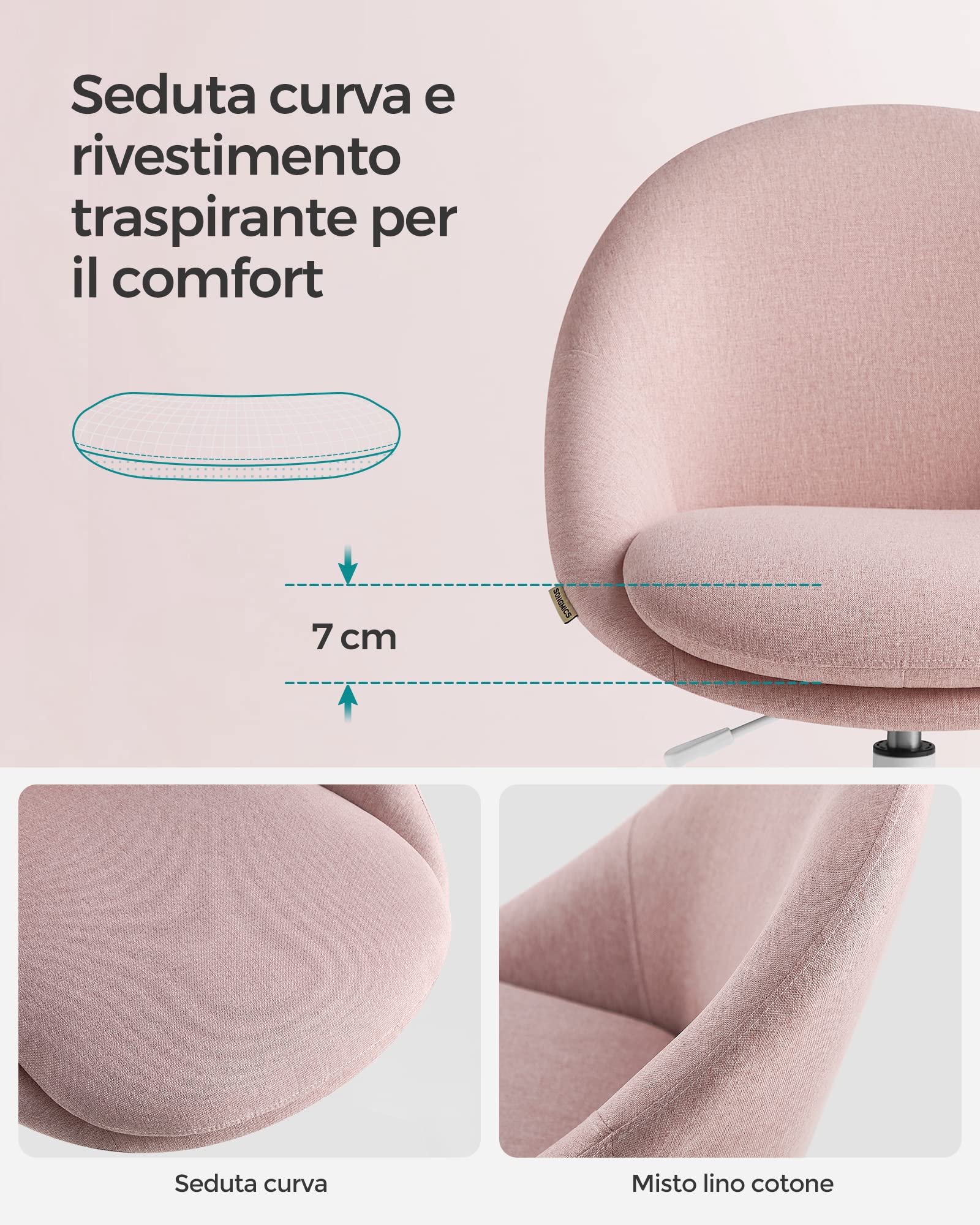 SONGMICS Sedia da Studio, Sedia Girevole di Cotone-lino, Poltrona da Scrivania Imbottita in Gommapiuma Regolabile in Altezza, Studio, Camera da Letto, Rosa Gelatina OBG020P01