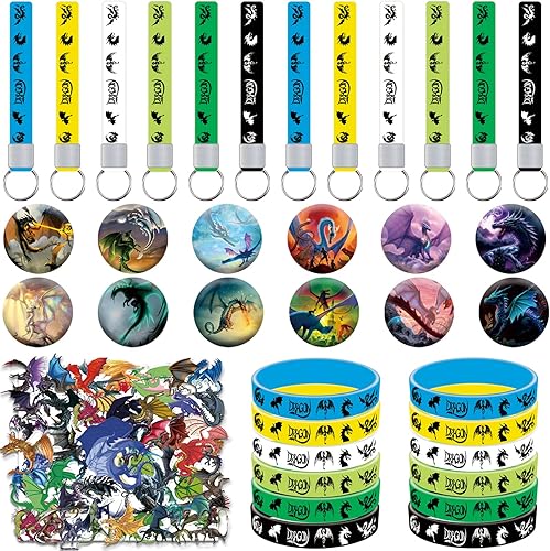86 piezas de decoraciones de cumpleaños de alas de dragón, suministros de fiesta de cumpleaños de dragón incluyen pulsera, broche, llavero,