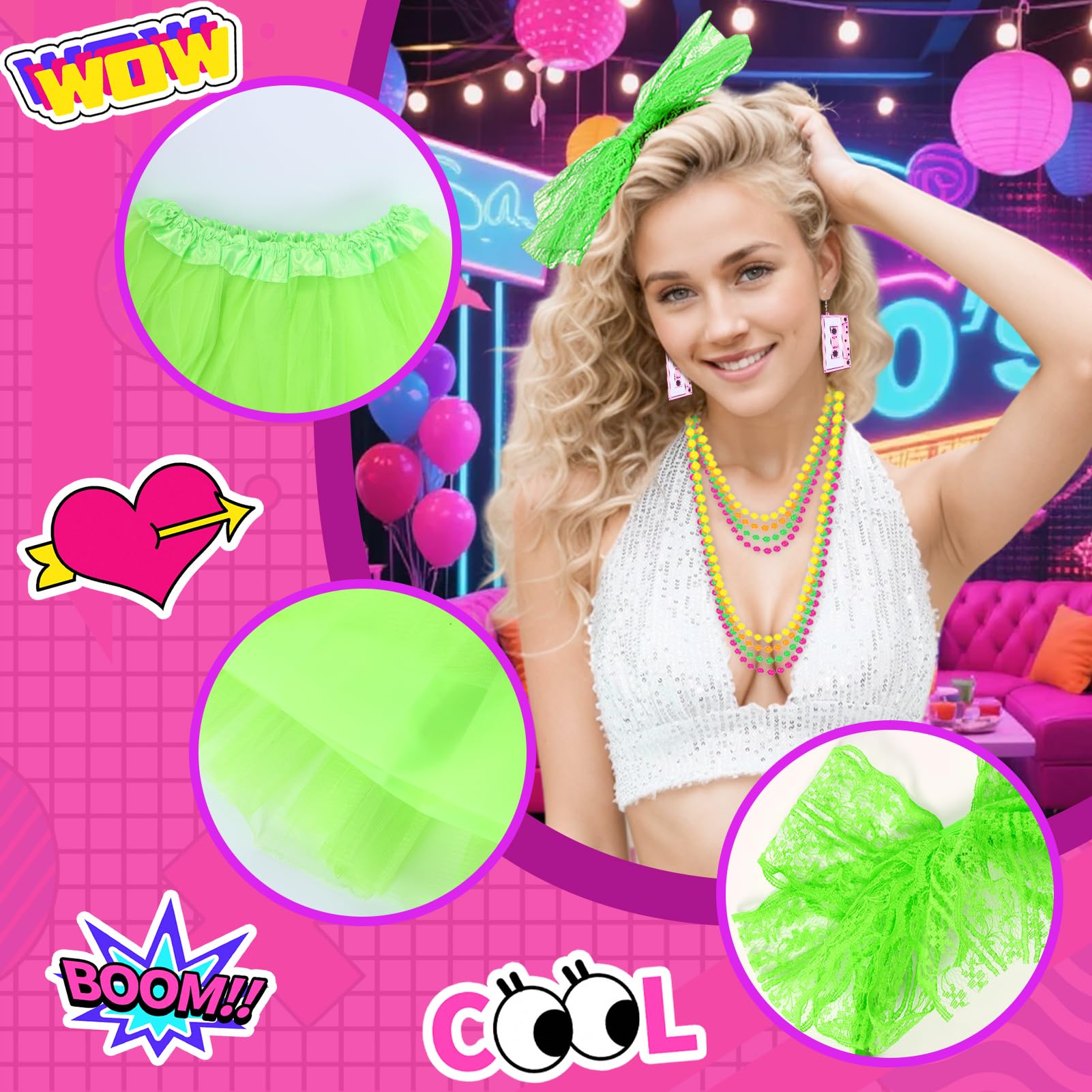 Meriviva 25 Pcs 80s Fancy Dress for Women 1980s Accessories with Neon Tutu Skirt Bracelets Necklaces Leg Warmers Fishnet Gloves Headband Glasses Earrings for 80s Party Dress Up (Green) - Image 3