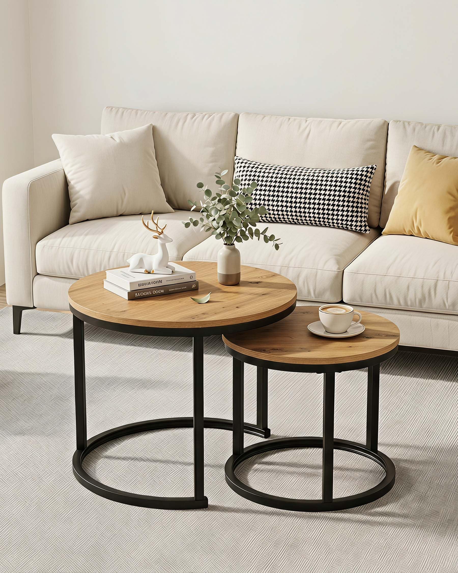 Set 2 Mesas Auxiliares Redondas Mesa de Centro Madera 50/40cm | Mesa de Centro Nido Redonda Efecto Madera, Mesa Auxiliar para Salón y Dormitorio, Robusta y Fácil de Montar