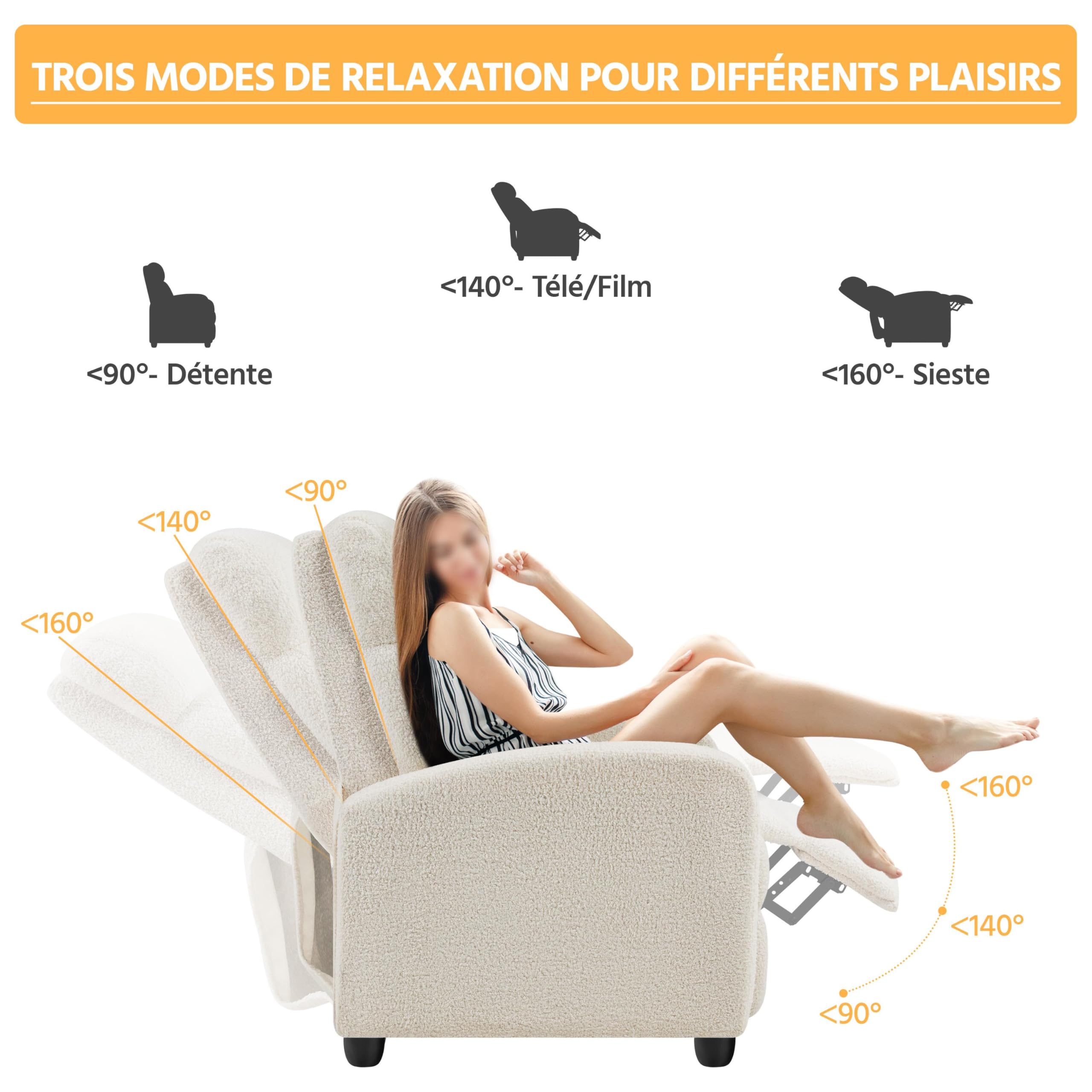 Yaheetech Fauteuil de Relaxation Petit Canapé Inclinable en Tissu Bouclette Doux en 3 Positions 1 Place avec Repose Pied/Chambre à Coucher/Home Cinéma/Salon Ivoire