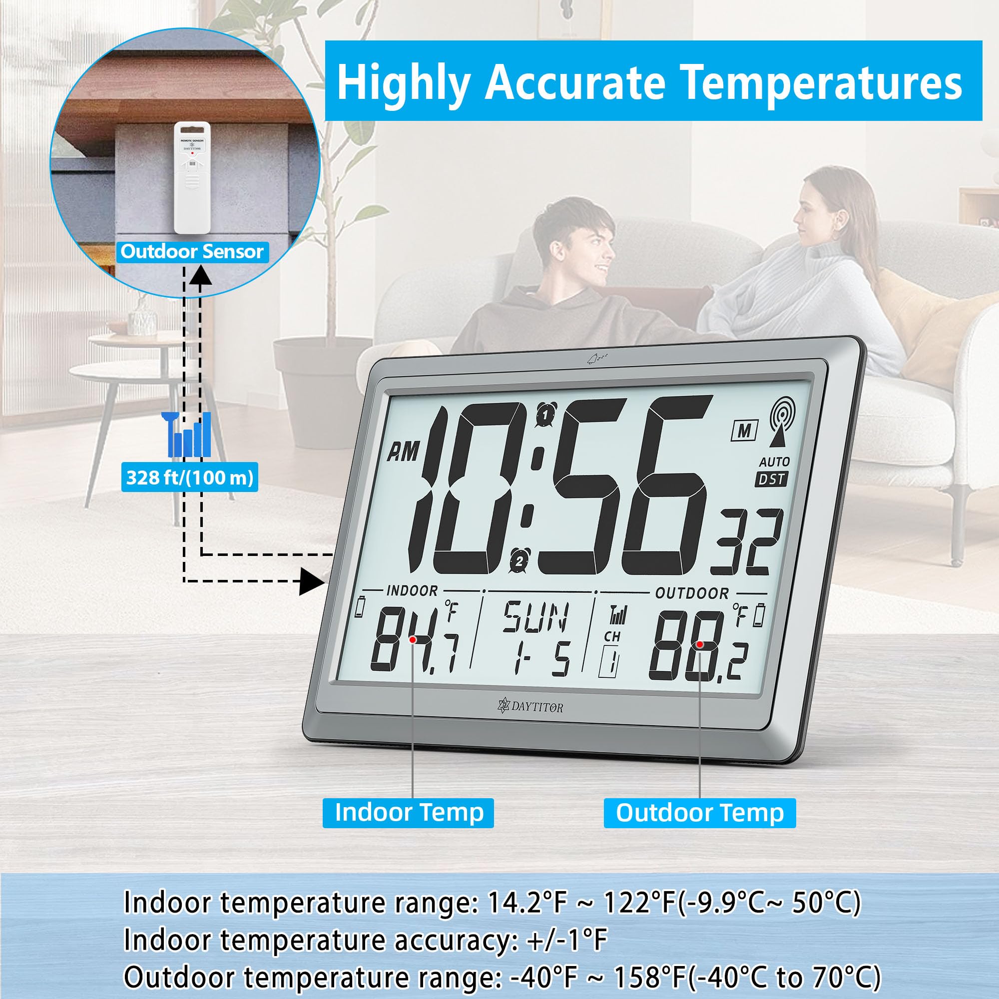 Orologio atomico con temperatura interna/esterna, orologio digitale automatico a batteria, grande display da 10,5 pollici, orologi da parete o da scrivania per camera da letto, soggiorno