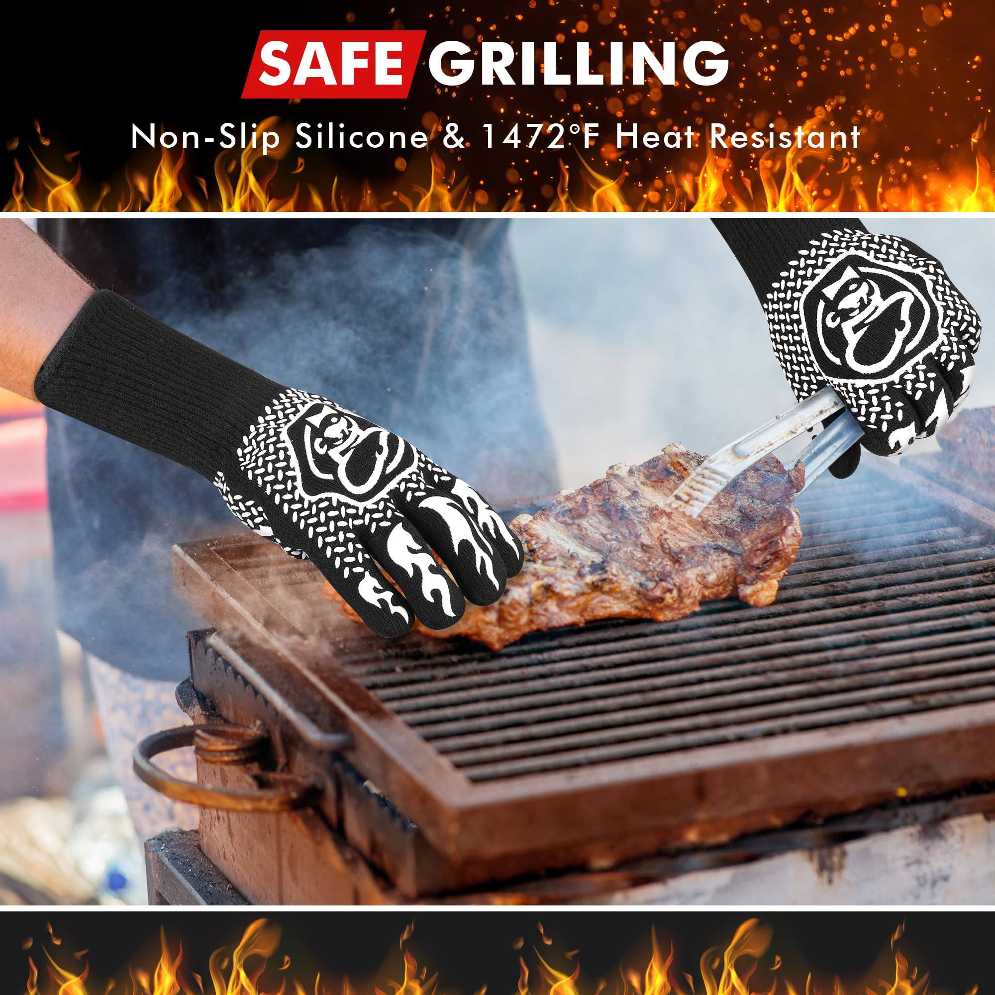 Commercial Chef Guantes de barbacoa resistentes al calor para barbacoa, cocinar, hornear, cortar, guantes antideslizantes para horno de cocina, accesorios de parrilla con revestimiento antideslizante