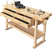 Olympia Tools 60-Inch Rubberwood Workbench with 4 Drawers, 450lb Capacity - Heavy Duty Garage Workshop Table for Woodworking