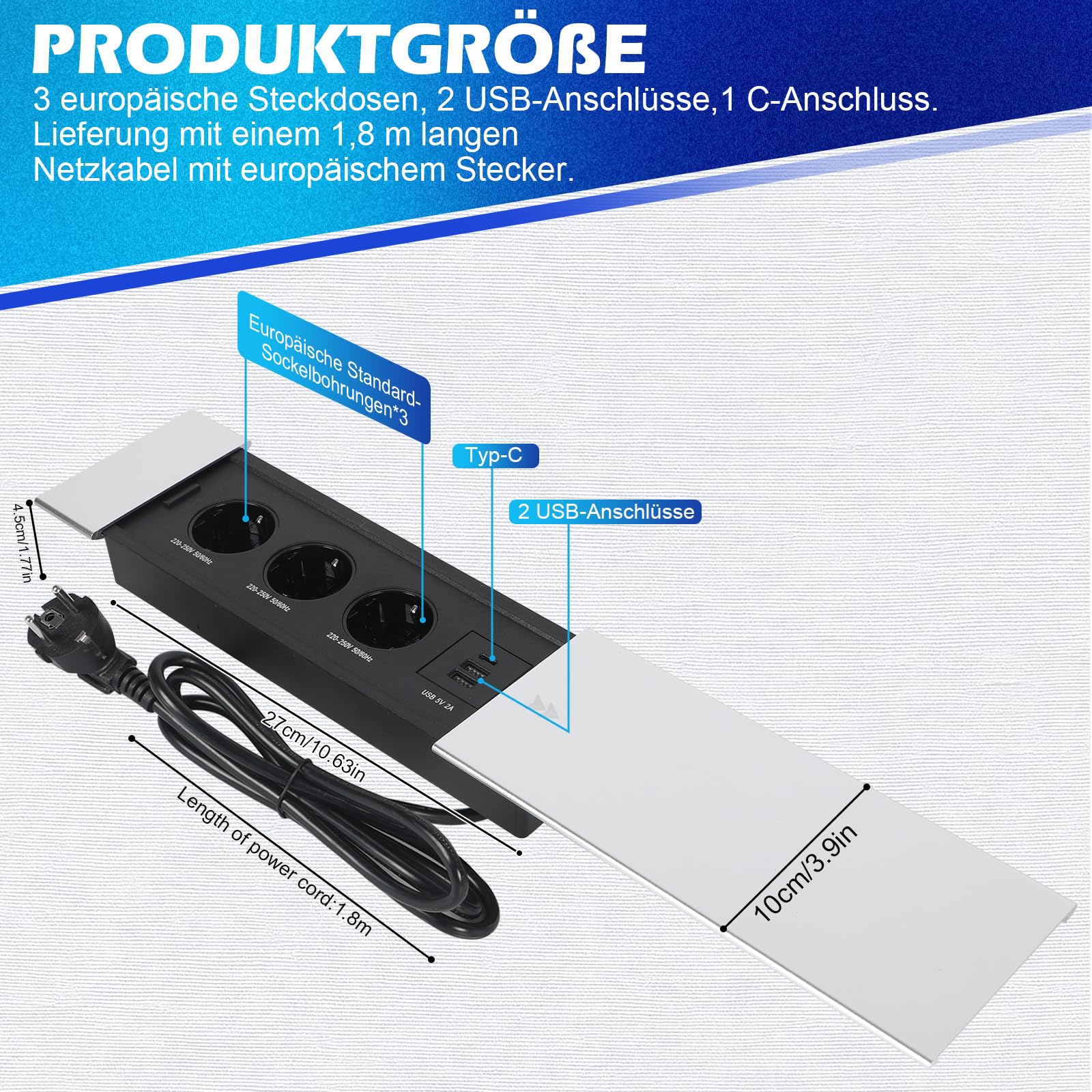 Presa a scomparsa, 3 scomparti con 2 USB A e USB C e coperchio scorrevole per scrivanie, tavoli da lavoro, tavoli da pranzo, cucina (argento, 3 scomparti)