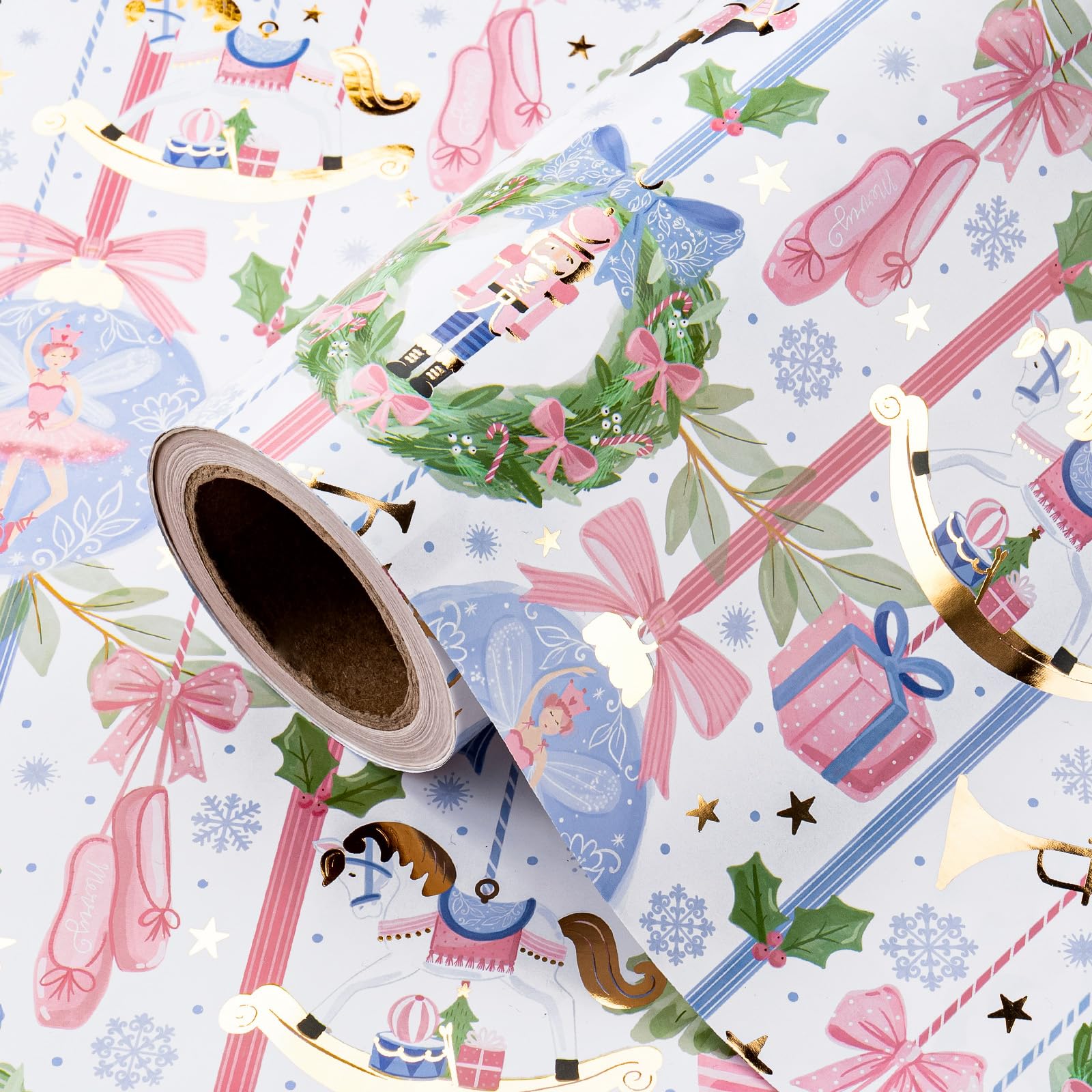 WRAPAHOLIC Nutcracker Christmas Wrapping Paper - Mini Roll - 17 Inch x 16.5 Feet - Pastel Ballerina Ballet and Nutcracker Wrapping Paper for Girls Kids, Xmas Holiday, Winter Season