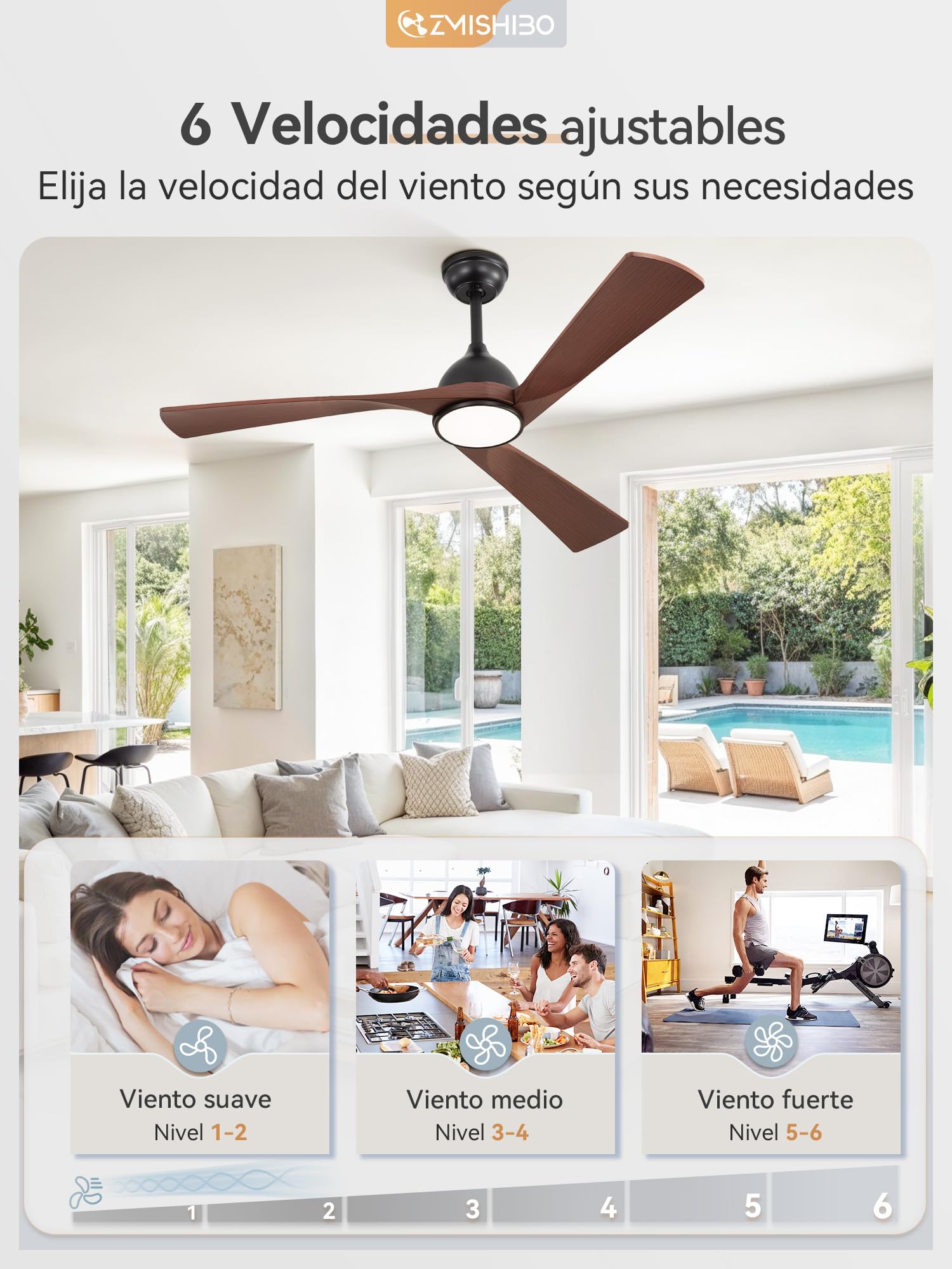 Ventilador Techo Luz Ø132cm, Motor DC Silencioso, 6 Velocidades + 3 Temperaturas LED (3000K-6000K), Reversible Verano/Invierno, Temporizador 1/4/8h, ABS Madera Marrón Oscuro,Montaje por el cliente