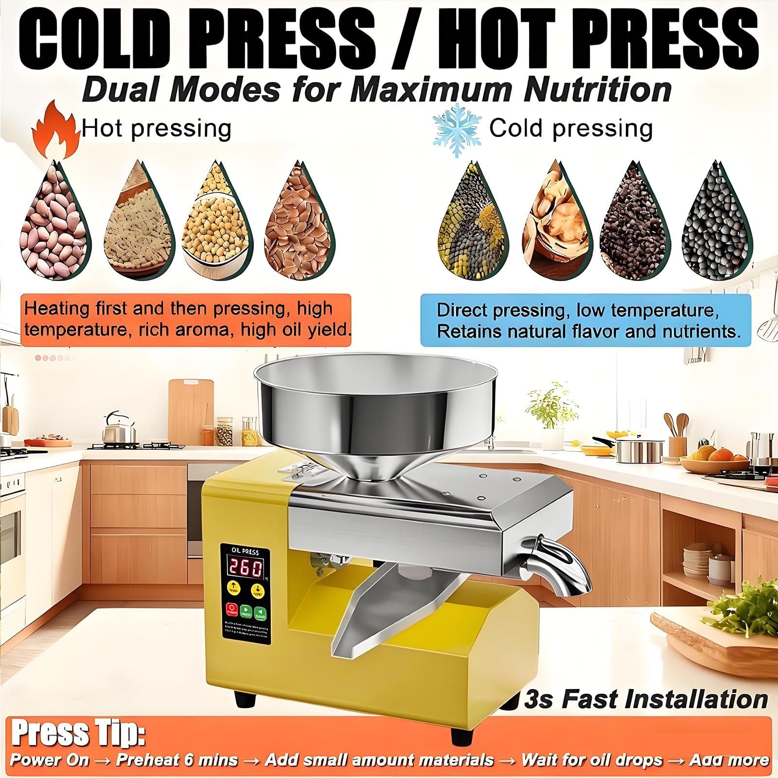 Maszyna do tłoczenia oleju, 1100 W, ekstraktor oleju ze stali nierdzewnej z regulacją temperatury do tłoczenia na zimno i na gorąco orzeszków ziemnych, sezamu, rzepaku, nasion herbaty