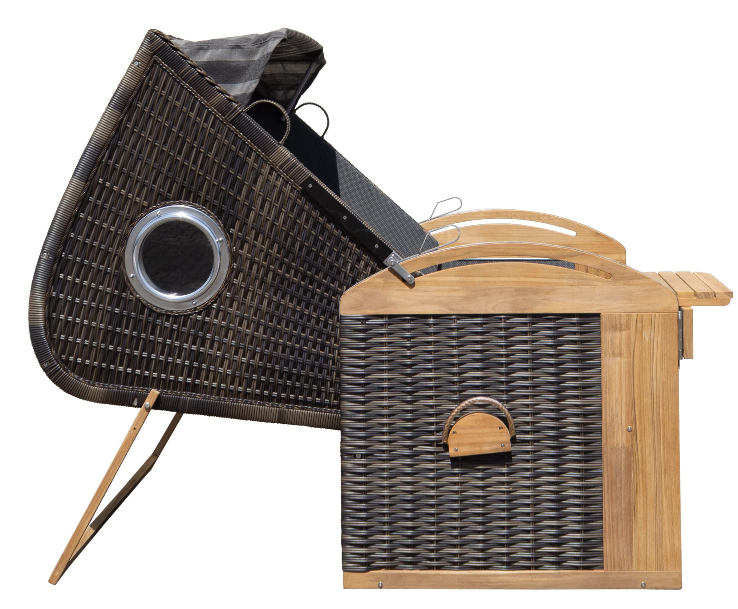 Strandkorb Teak XL 2-Sitzer aufgebaut mit Bullaugen Lifter Rollen Hülle Kissen Polster anthrazit-gestreift, 45293